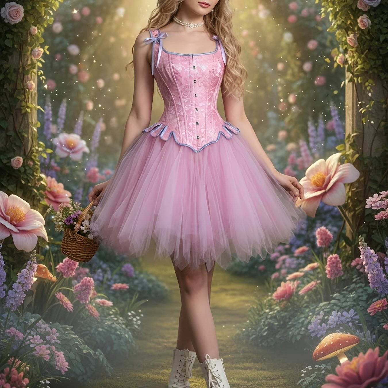 Image of Pink Jacquard Corset And Tutu Skirt Set, Halloween Pink Costume, Easter, Birthday Party, Fairy, Elf, Carnival, Elegant Party, Cosplay