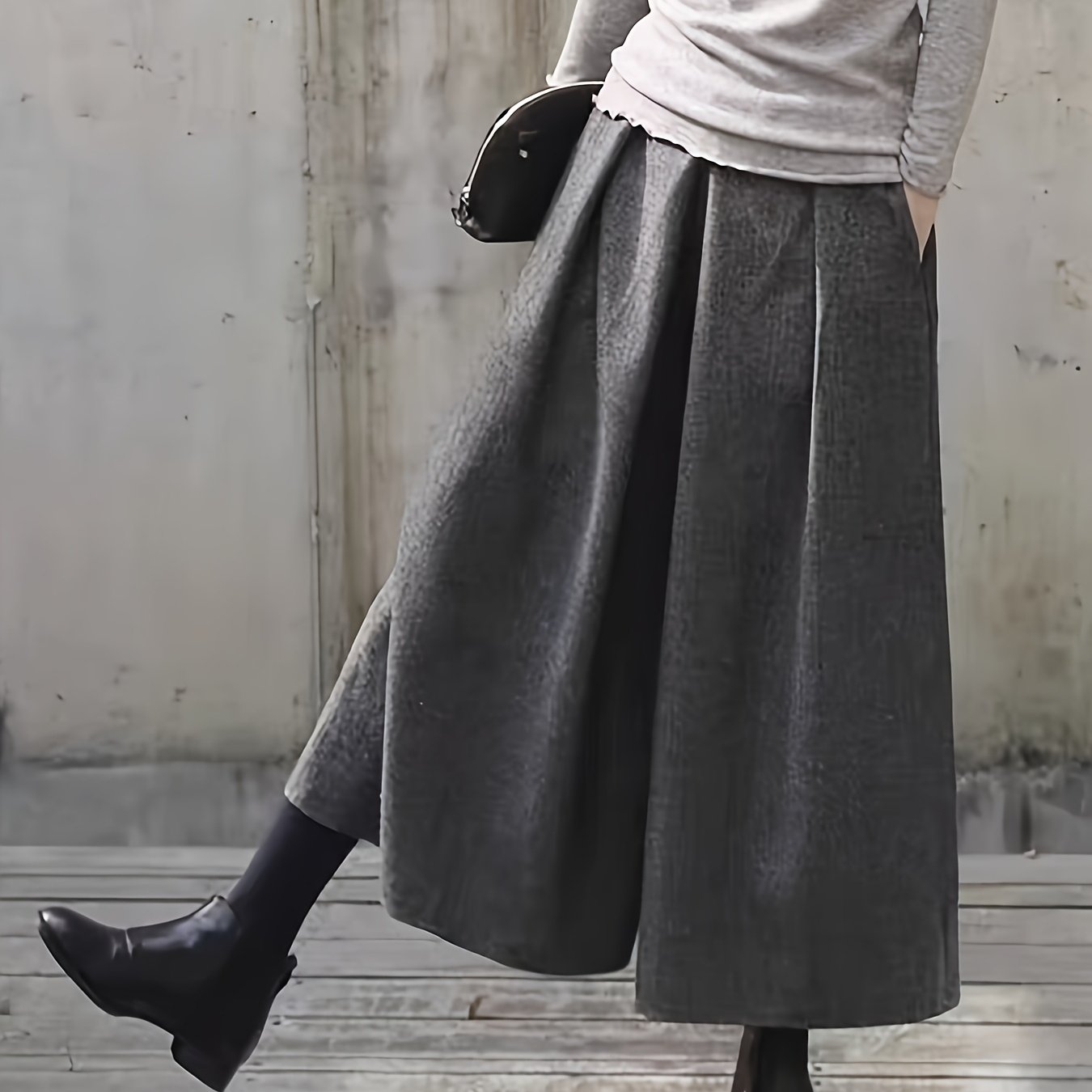 TEMU 3397 Winter Gray Women's Skort, Daily Elegant Loose High-waist Wide-leg Pants, Versatile Ankle Pants