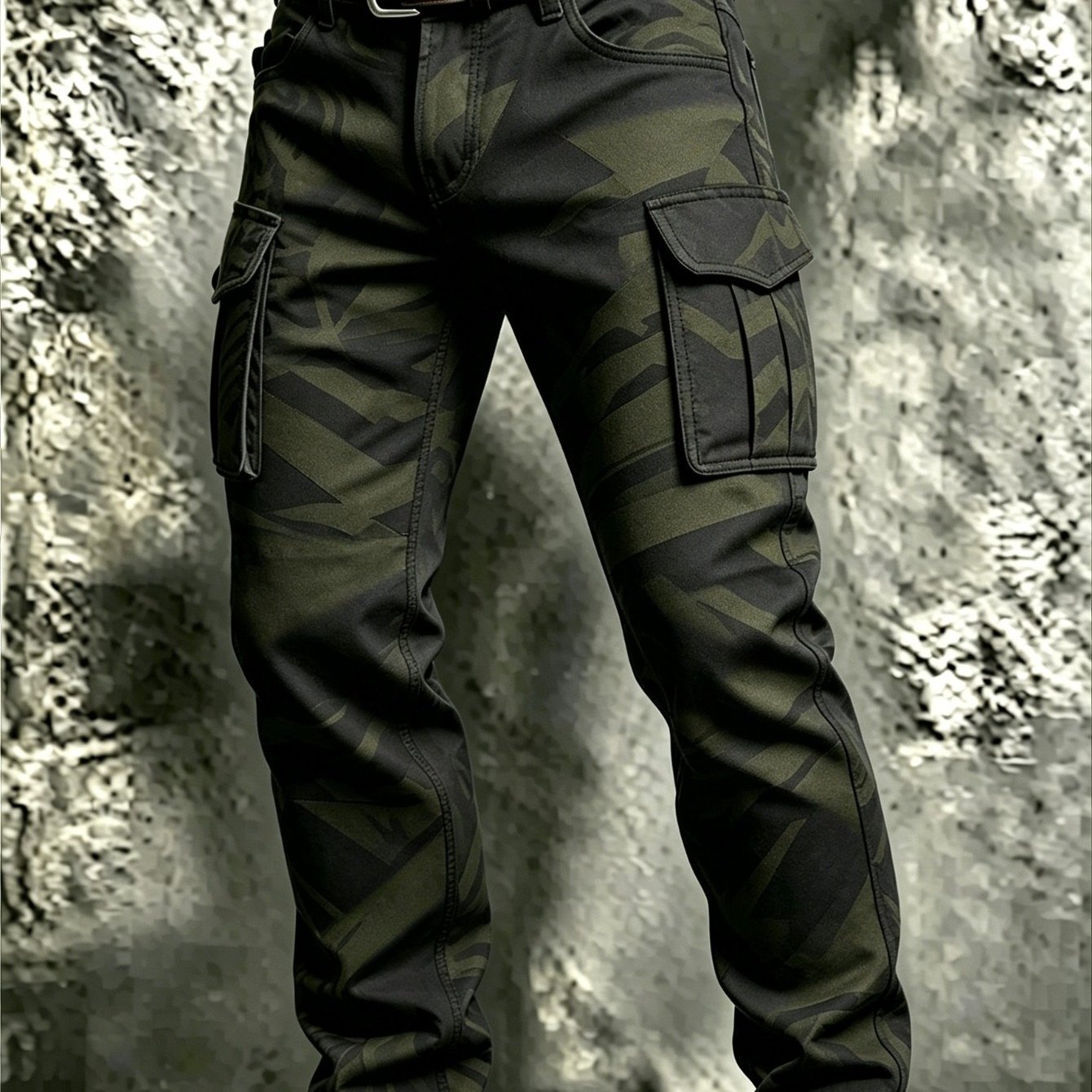 Men's Army Camo Slim Multi-pocket Wear Resistant Cargo Pants, Work Trousers, Belt Not Included