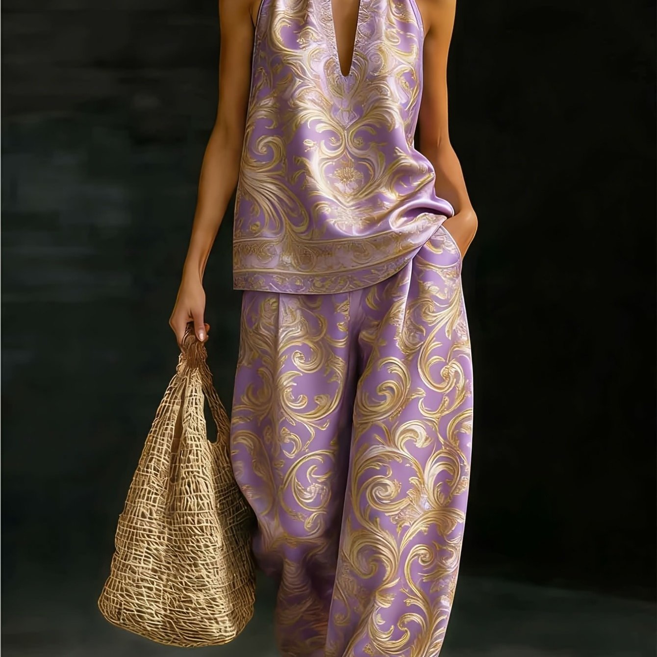 Image of Women's Elegant Two-piece Set: Spring Summer V-neck Sleeveless Top And Wide-leg Pants, Retro Purple Bohemian Pattern Print, Machine Washable, Retro Vacation Wedding Outfit, Bohemian Casual Ensemble