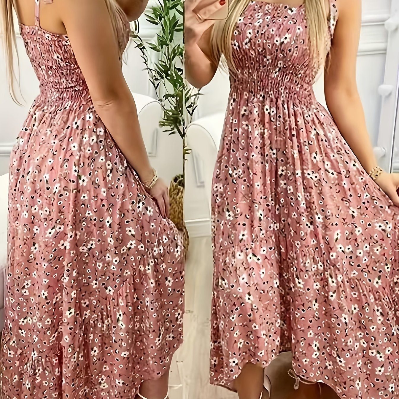Image of Women's Dress, Allover Print Tie Shoulder Vacation Beach Cami Dress For Summer