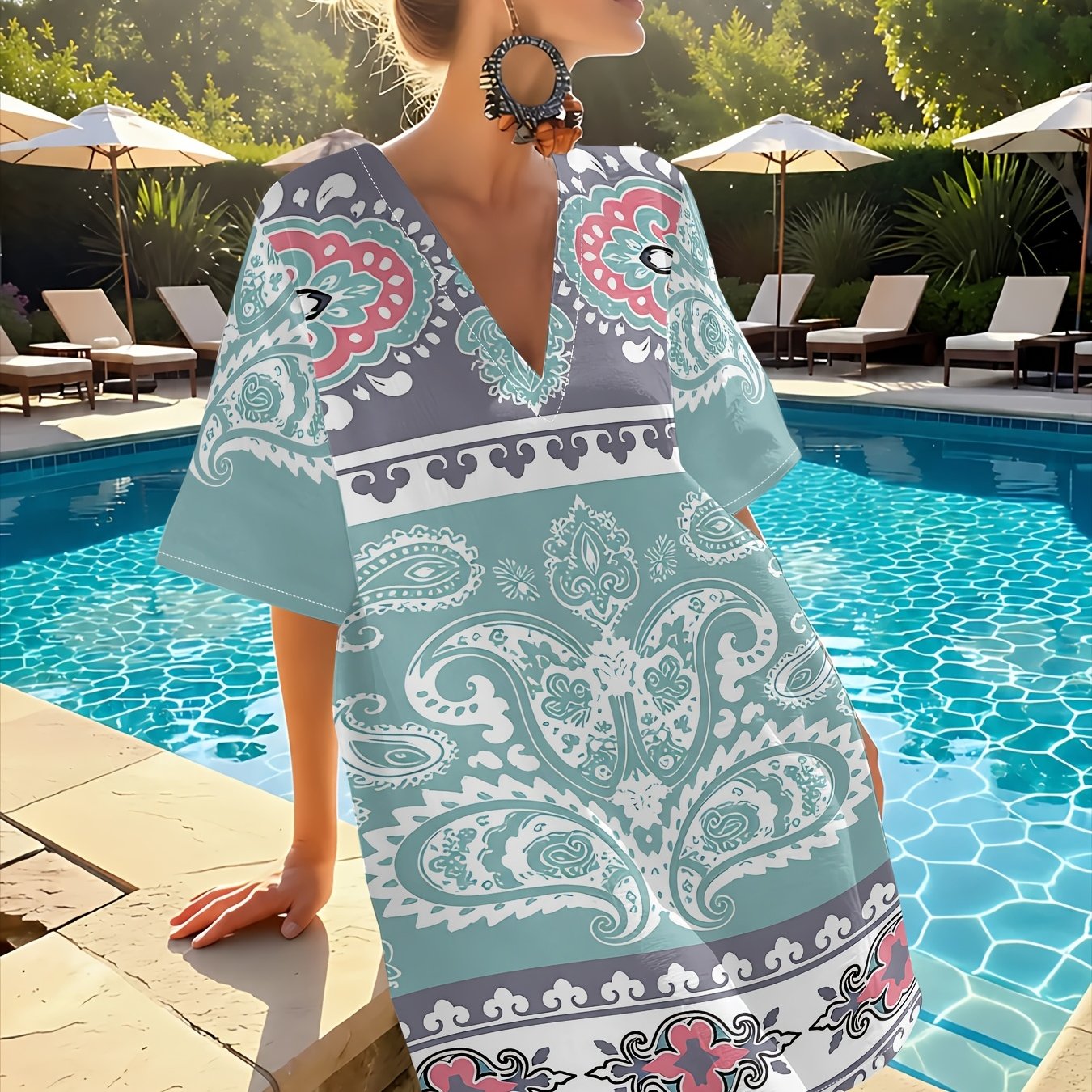 TEMU Gray-green Paisley Floral Print Short Sleeve Dress, Women's V-neck Loose A-line Midi Dress, Lightweight Vacation Outerwear Cover-up