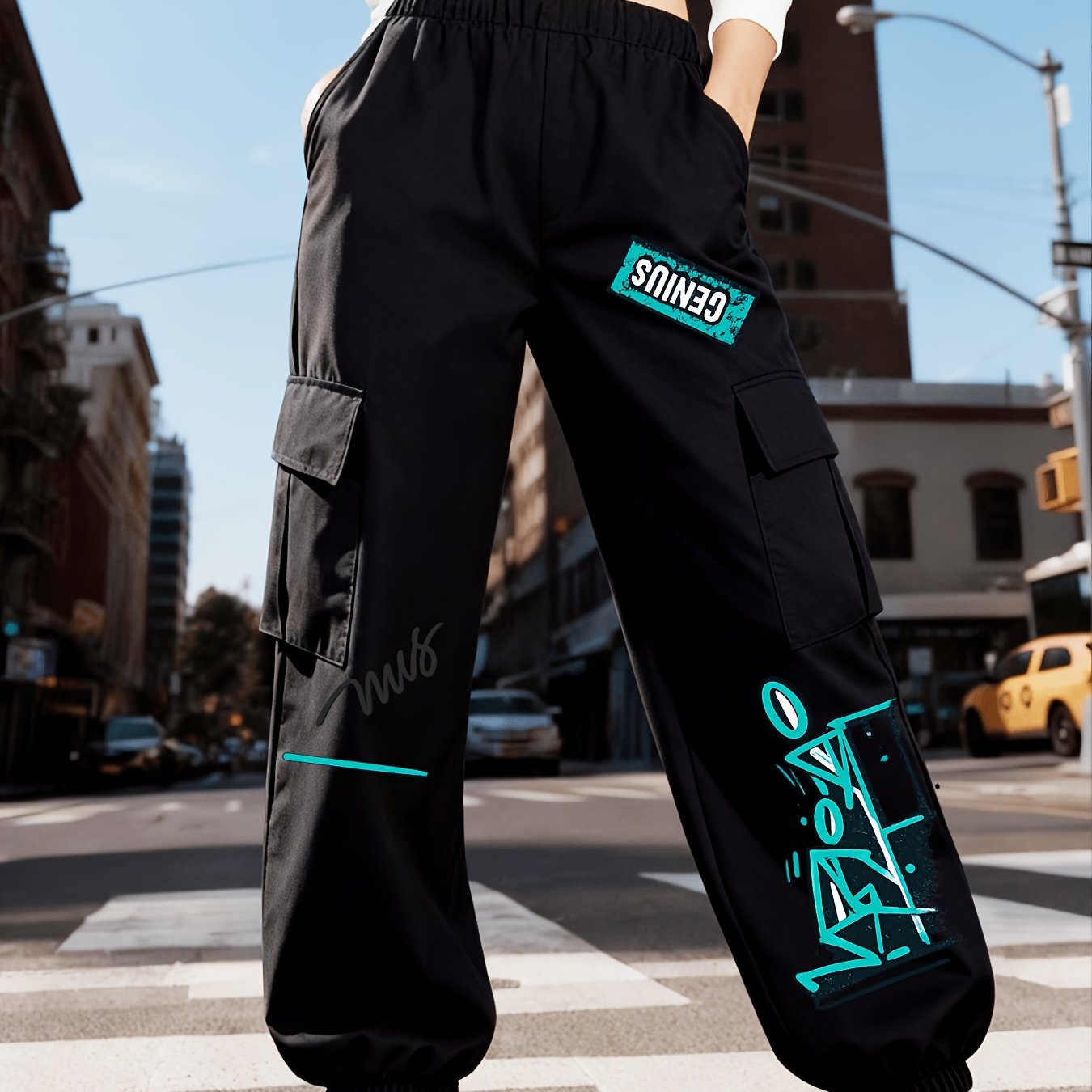 TEMU Women's Multi-pocket Cargo Pants, High-waist Loose Fit, Graffiti Print, Casual Streetwear, Elastic Waistband, Suitable For Fashionable Or Daily