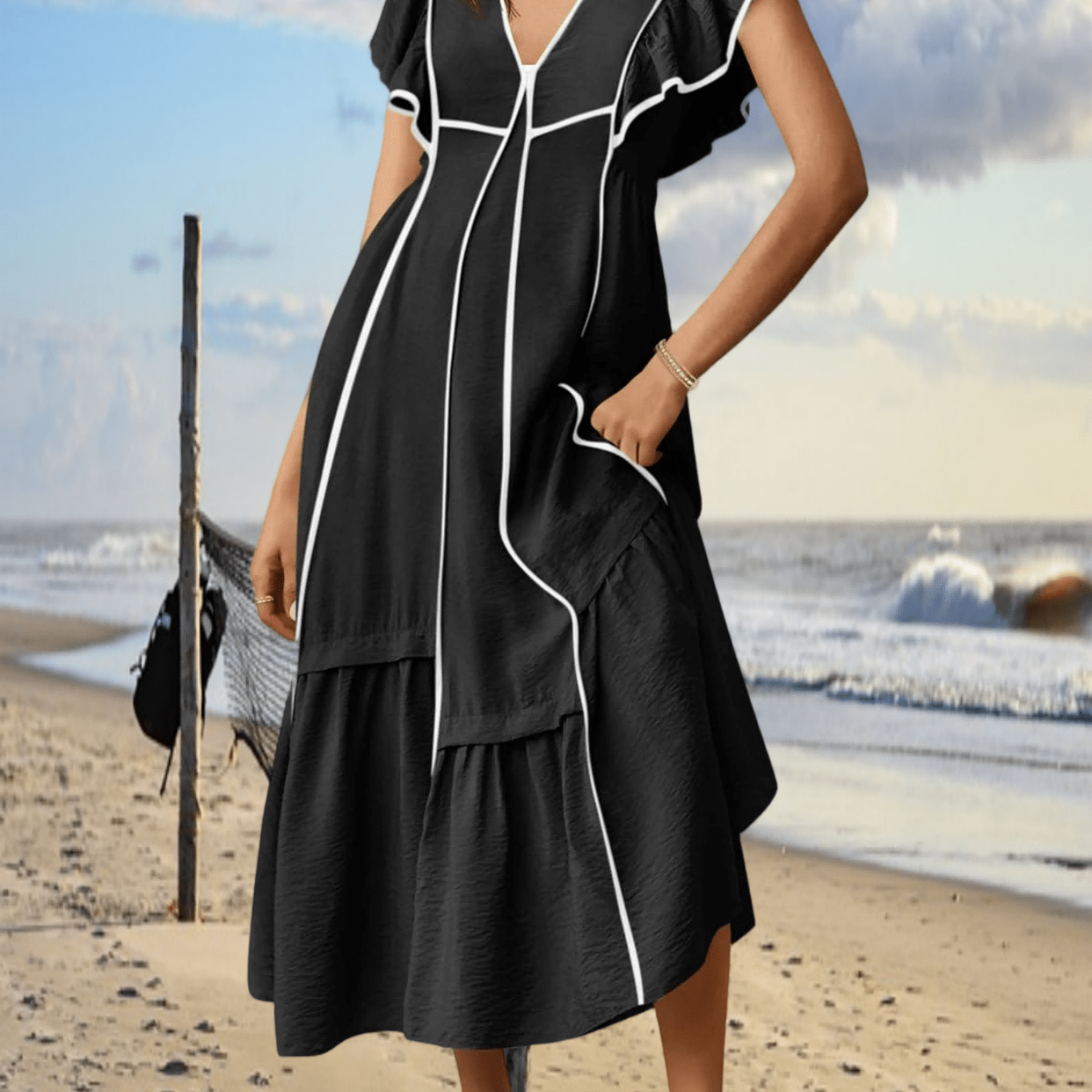 Image of Women' Summer V Neck Midi Dress Casual Ruffle Sleeve Contrast Color Loose Fit Flowy Long Dresses
