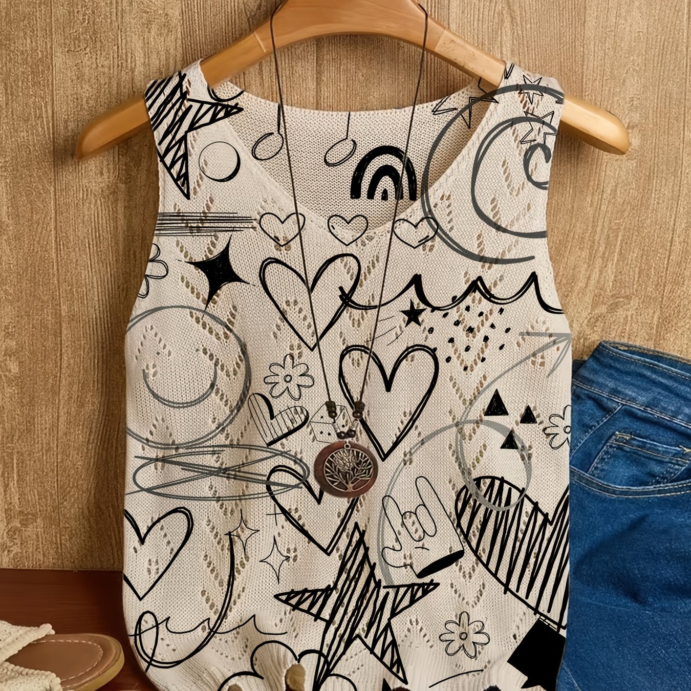TEMU Gilet pull à œillets bohème du d'été, nouveau, , élégant et polyvalent, haut pour femme avec motif d'impression numérique à plat, impression