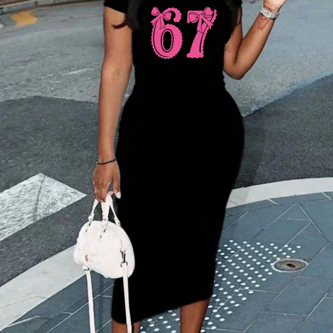 TEMU Fitted Long Sleeve Short Dress, 67th Birthday, Dress With Delicate Number 67 Print, Spring/summer Fashion Long Bodycon Dress, Sexy Slim Fit, And