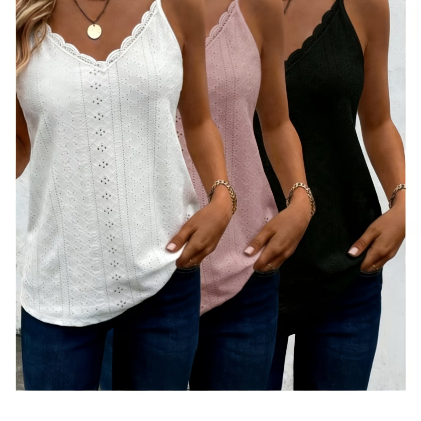 Three-piece Texture Hollow Lace Spliced Summer Casual Vacation Fashion Vest + Nian Nian
