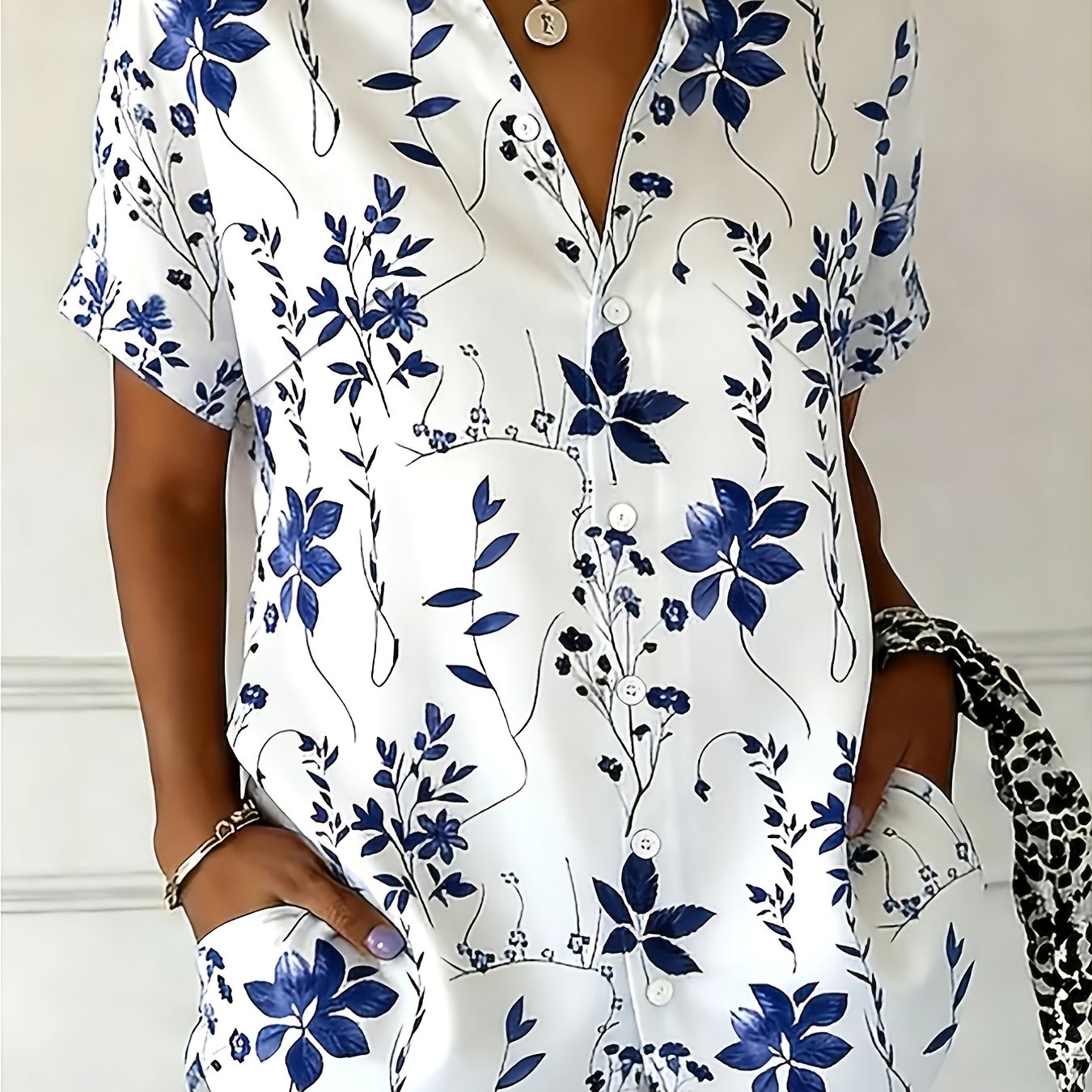 TEMU A New Women's Shirt - A Casual And Fashionable Floral Print Women's Button-up Short Sleeve Top, For Everyday Casual Wear And Gifting. A Stylish