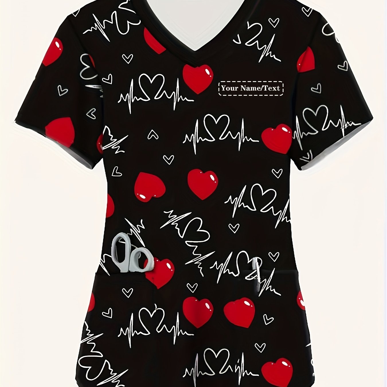 TEMU Custom Name Women's Stylish Short-sleeve V-neck Top| Black Heart Print Nurse Uniform With Pockets