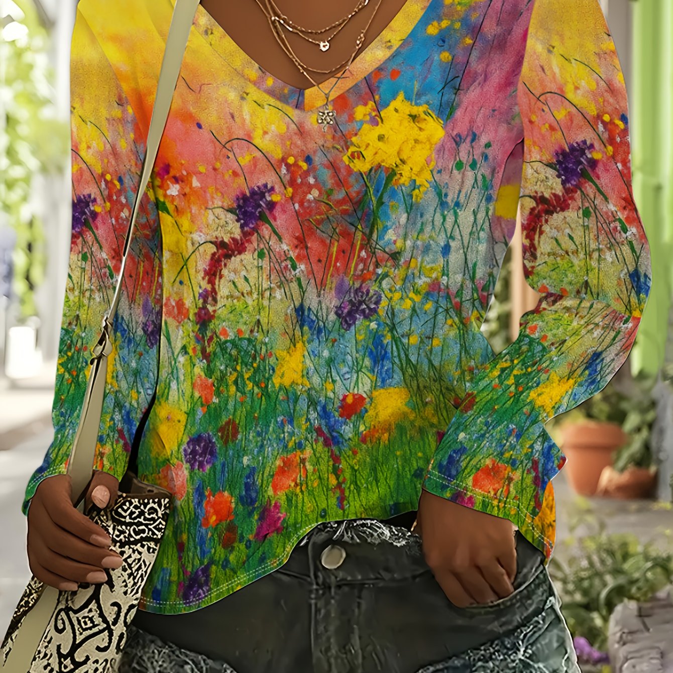 TEMU Plus Size - Plus Size - New Women's Autumn And Winter Size Fashionable Printed Casual V-neck Long Sleeve T-shirt, Loose-fitting Top Suitable For