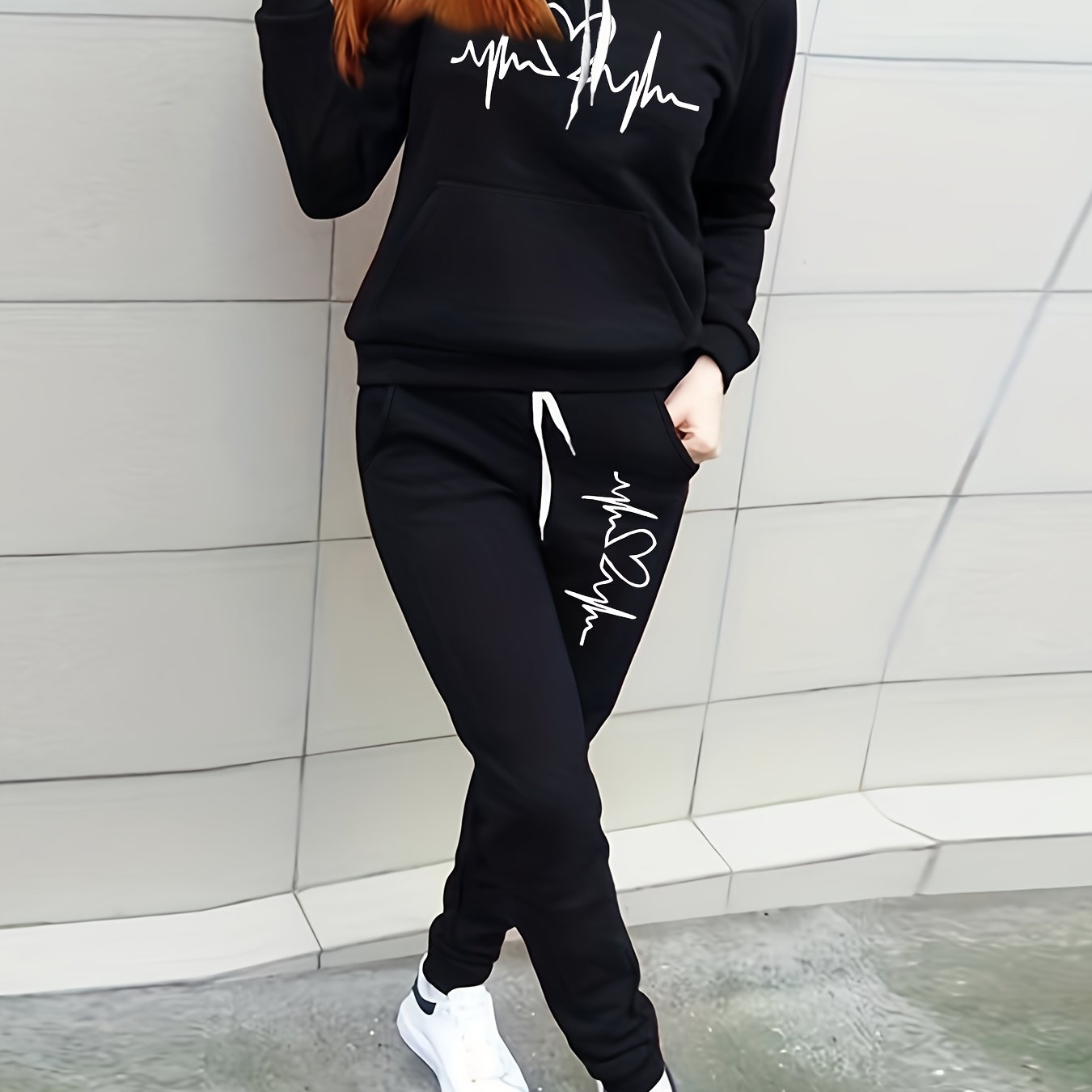 Image of 5766a92 -lined Sweatshirt, European And Women's Autumn/winter Clothing, Printed And Heart Pattern, Casual 2pcs Set
