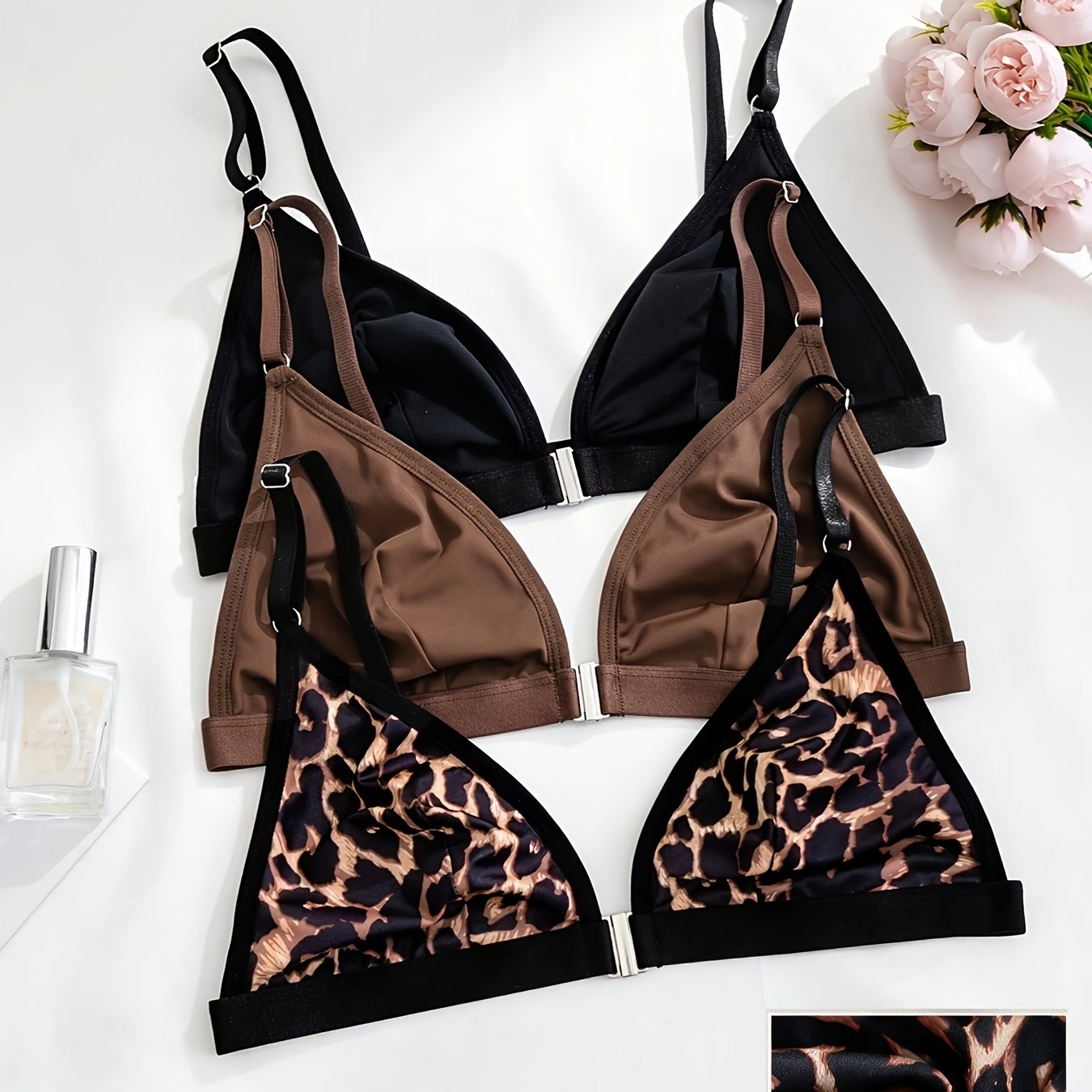 TEMU Ensemble de soutien-gorge fil à boutons pour femmes, 3 pièces, confortable, couleur unie, imprimé léopard