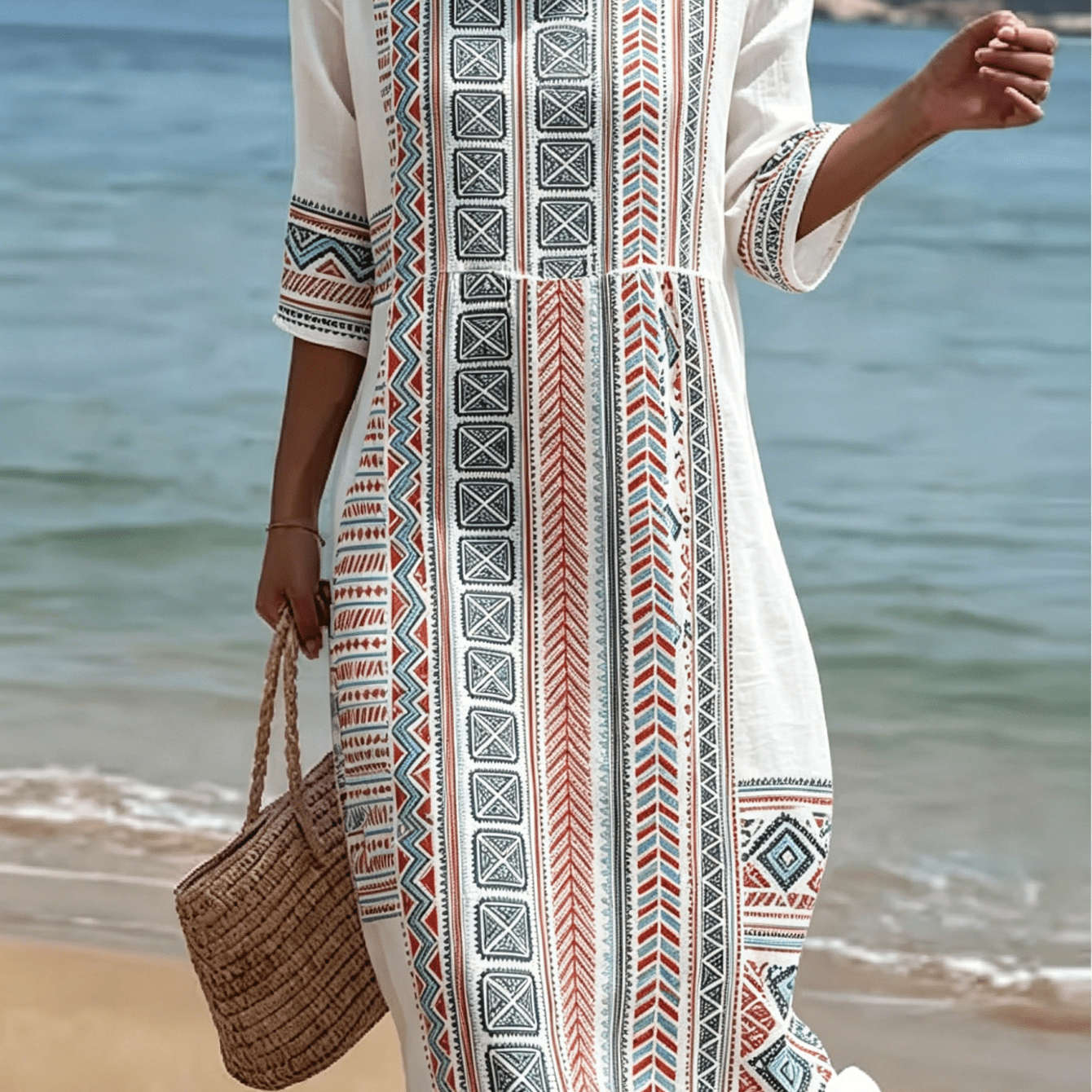 Women's Colorful Tribal Vertical Geometric Stripe Printed Midi Dress, Half Sleeve Round Neck Gathered Waist Breathable Beach Vacation Sundress, Elegant Bohemian Casual Dress