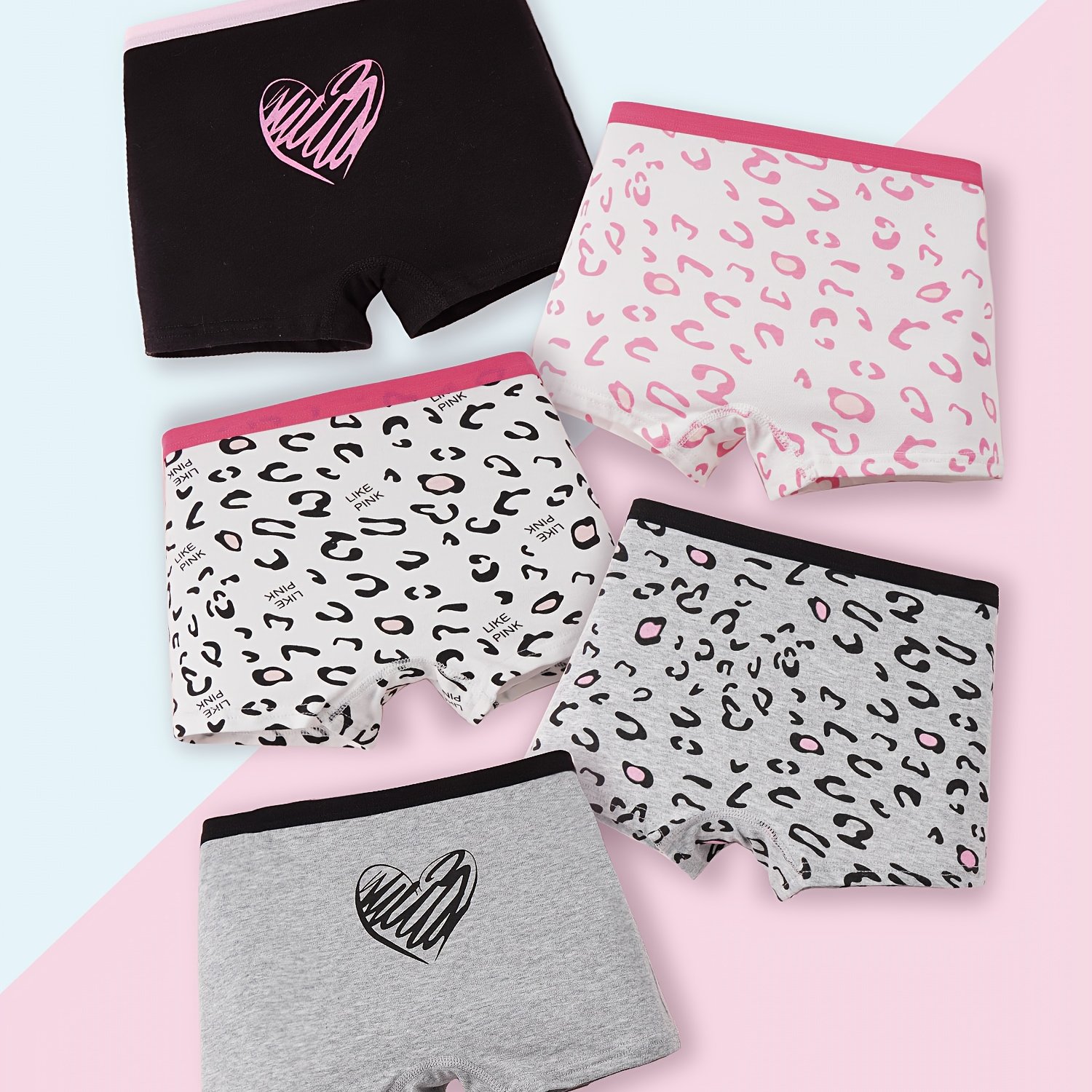 5-pack Girls' Boxers | Pink Leopard And Heart Patterns With Pink Trim, Cute And Slightly Stretchable Fabric, Regular