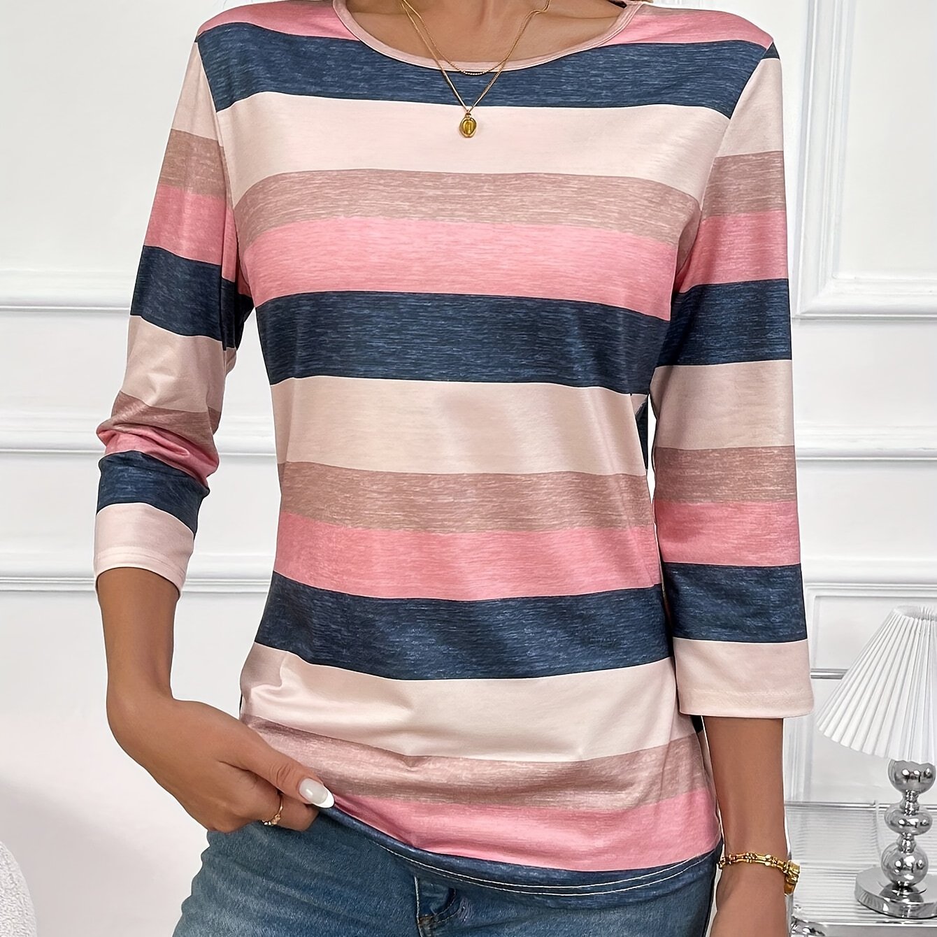E-shop Neues modisches, elegantes, lässiges, vielseitiges Damen-T-Shirt mit Rundhalsausschnitt, langen Ärmeln und Streifenmuster
