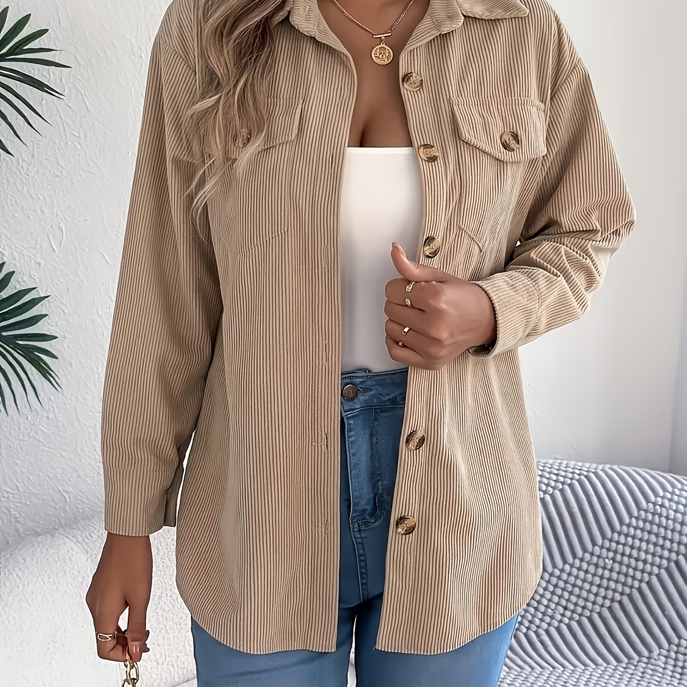 Autumn-winter European And Casual Elegant Single-breasted Solid Color Long Sleeve Corduroy Jacket