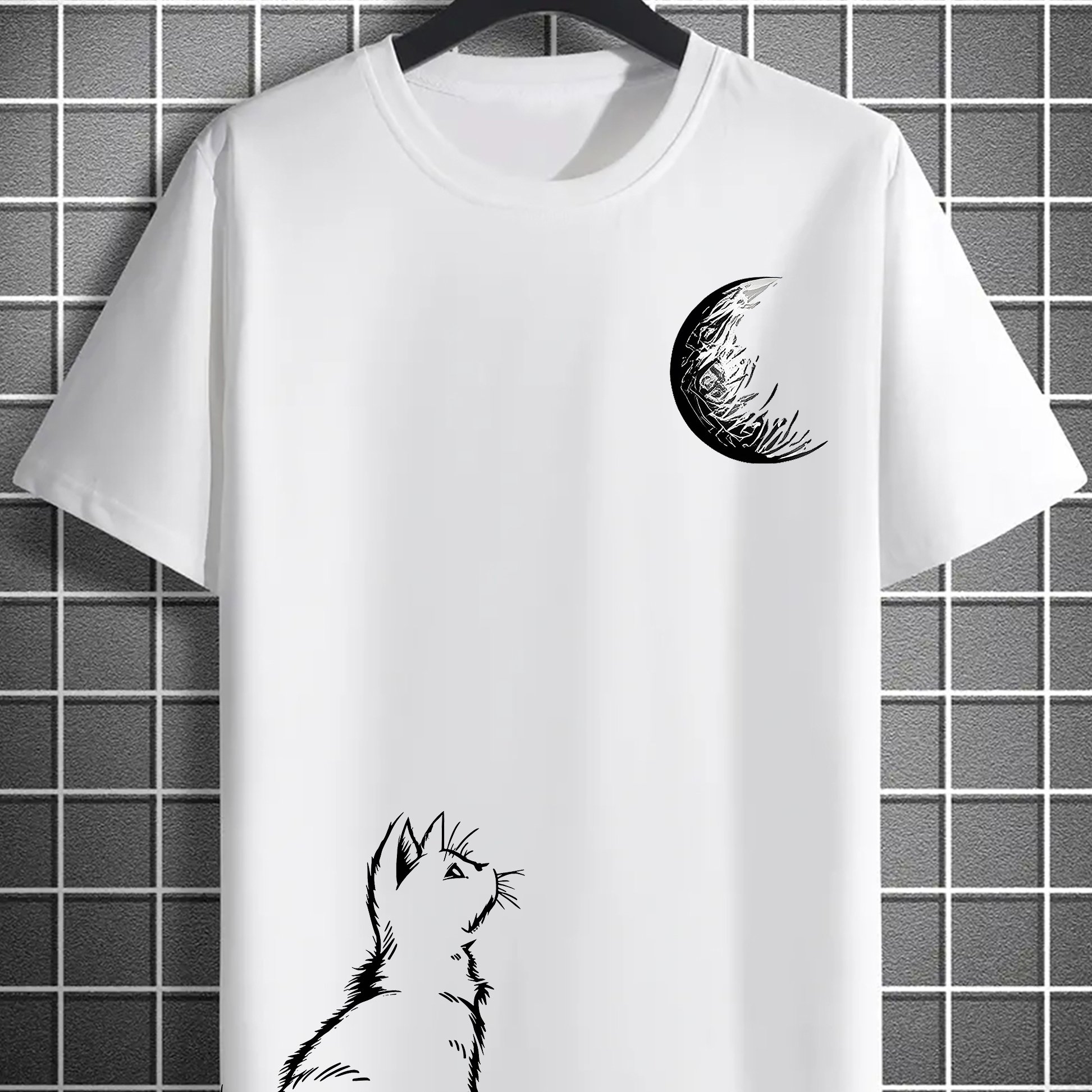 TEMU Cat Looking At The Moon Men's Short Sleeved T-shirt, Trendy Round Neck Casual Tops For Men And Summer