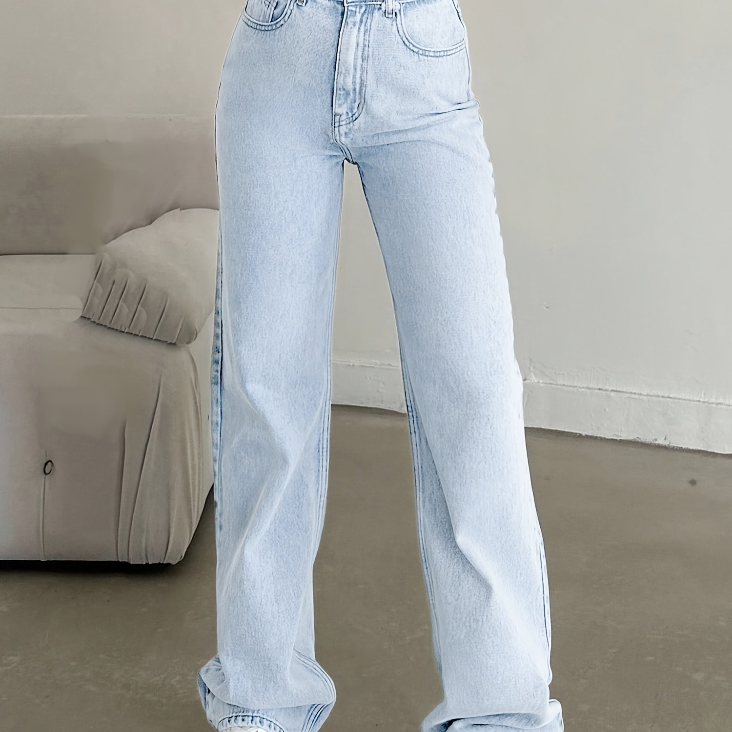Image of High-waisted Wide-leg Jeans For Women, Light Blue With A Washed Finish, Stretchy For A And Elongating Effect, Straight-cut With A Draped Feel, Suitable For Daily Commuting