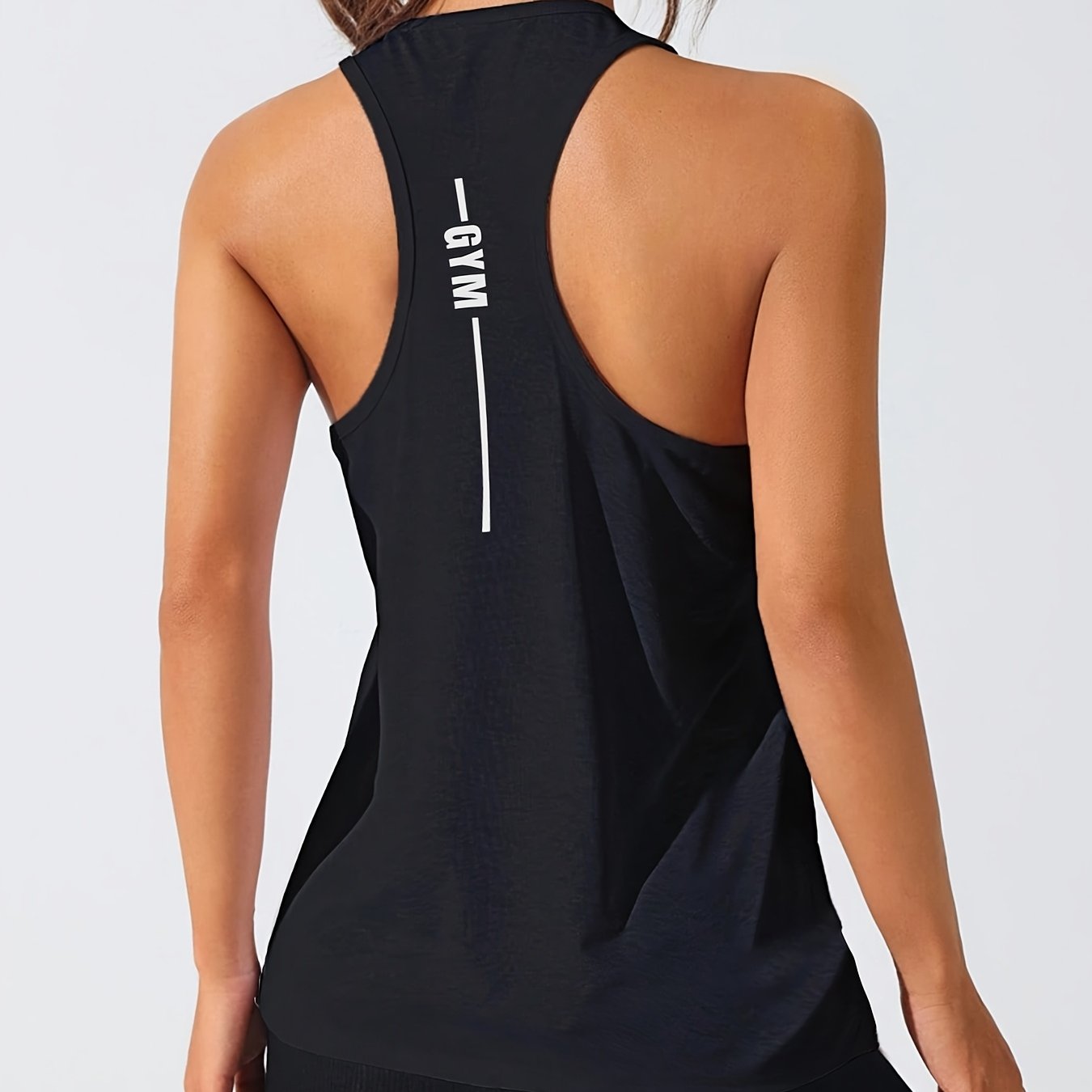 Image of Women's Quick-dry Breathable Workout Tank Top Letter Print - Sleeveless Training Shirt, Medium Stretch Round Neck Backless Design For Summer Fitness & Casual Wear, Mediumstretch Material