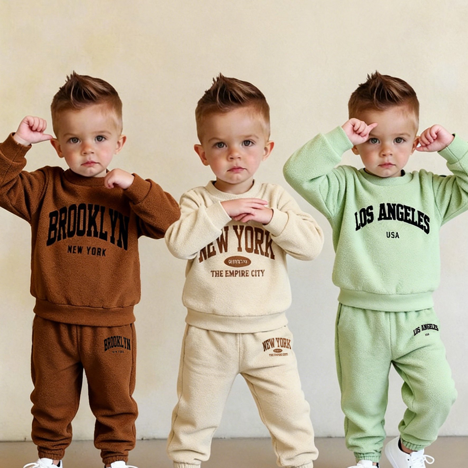 Image of 3-piece 6-item Set: Boys' New Autumn/winter Solid Color Fuzzy Crew Neck Los Angeles Brooklyn City Letter Sweatshirt And Long Pants Fashion Set, Perfect For Outdoor,christmas,halloween
