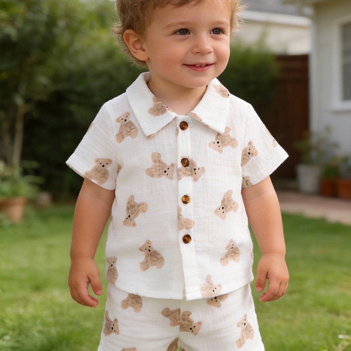 Image of Baby Boy Casual Fashion Bear Pattern Shirt 2pcs Set, Shirts, Perfect For Summer Wear, Suitable For Daily, Outdoor, Parties, Photoshoots, And School Outfits, For Outdoor