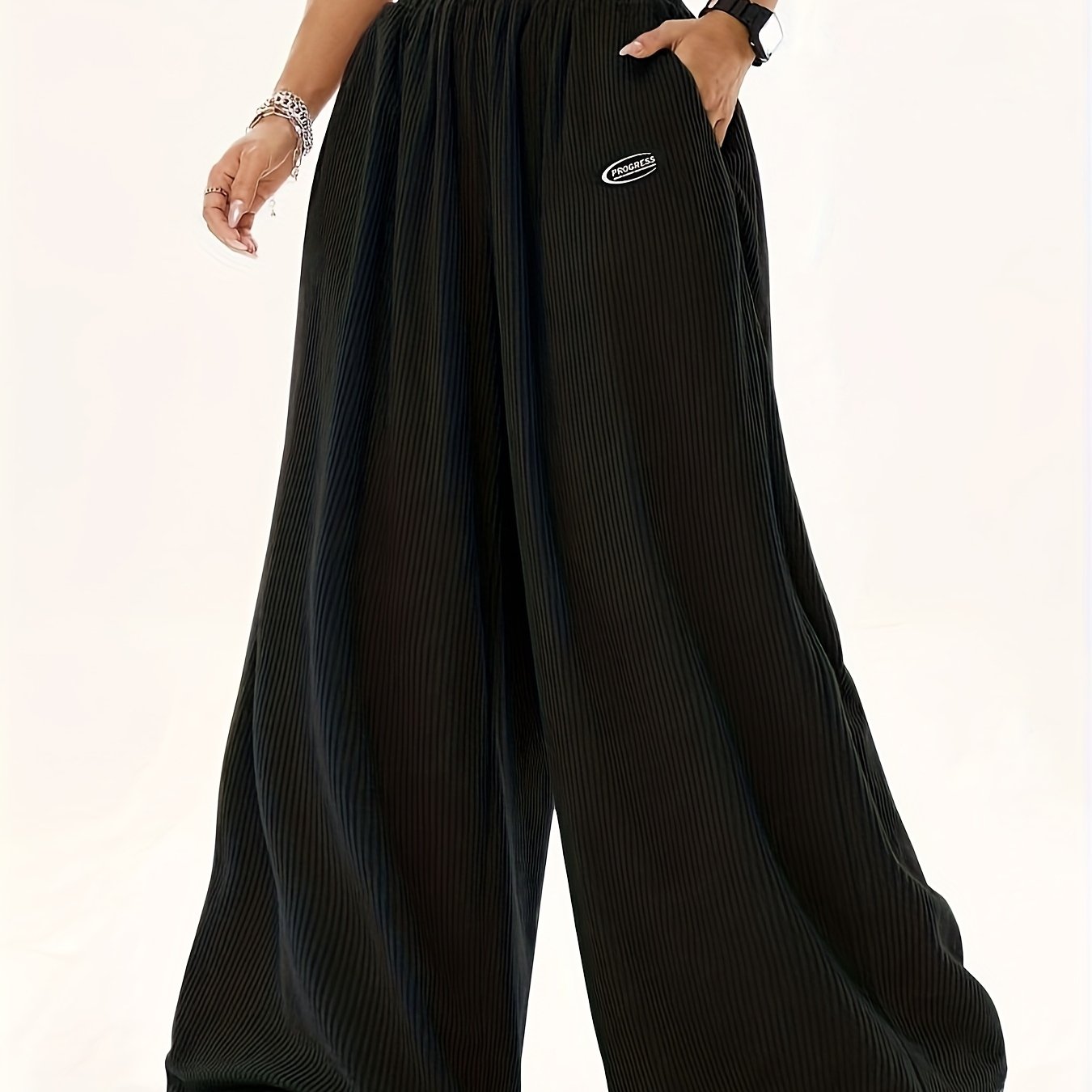 Image of Plus Size - Plus Size - Plus Size Women's, Casual Loose Elastic Waist Rib Fabric, Wide Leg Pants
