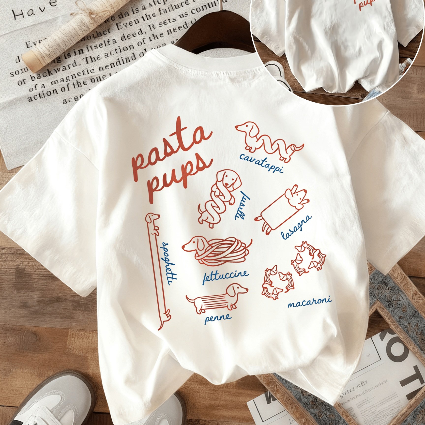TEMU Women's Italian-themed Pasta Pups Spaghetti Print T-shirt - Double-sided Short Sleeve Round Neck -compatible Top Suitable For Casual Casual
