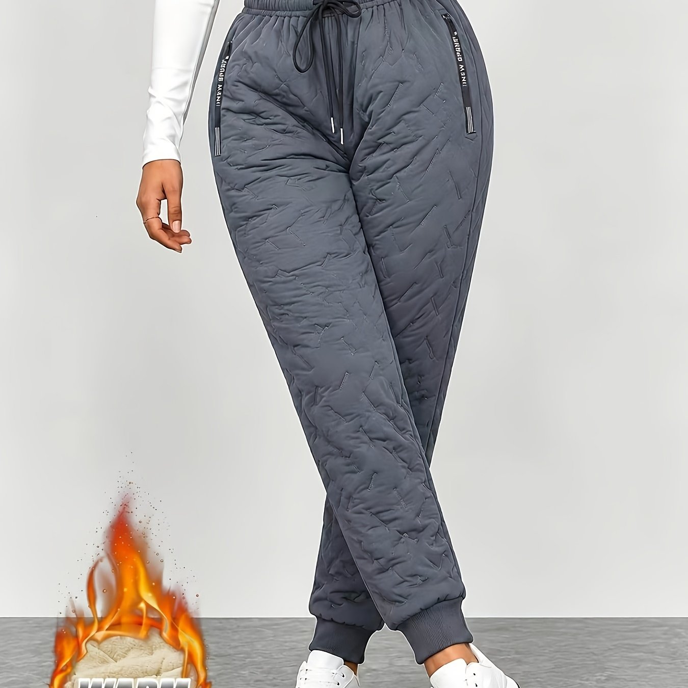 TEMU Women's Autumn/winter -lined Thickened Sports Pants, Casual Sport Style, Solid , With Zippered Pockets, Cold-proof Trousers, Women's Winter