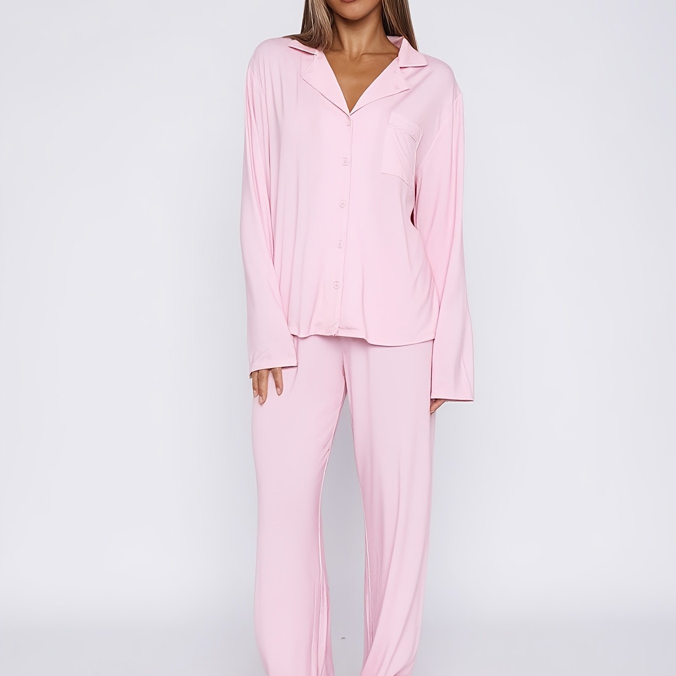 E-shop 2-teiliges Damen-Set für Frühling/Herbst: Langarm-Bluse mit Revers Einreihung sowie gerade geschnittene Hose in Unifarbe, lockerer Casual-Look