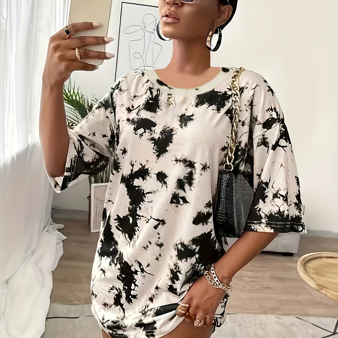 E-shop Damendress Casual Tie-Dye mit Drop-Shoulder-Schnitt – Blumenmuster, asymmetrischer Saum, dehnbarer Stretchstoff, lockerer Schnitt,