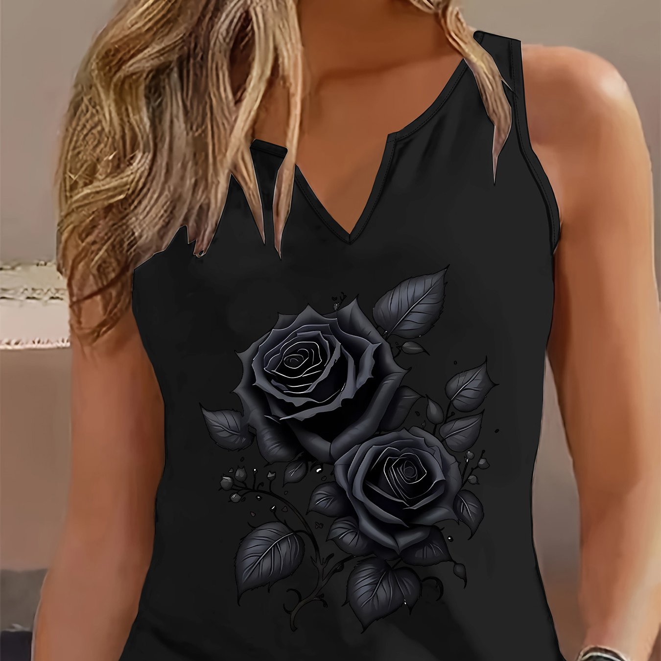 TEMU Fashionable Women's Tank Top With A Printed V-neck Design, Perfect For A Cool And Versatile Spring And Summer Wardrobe