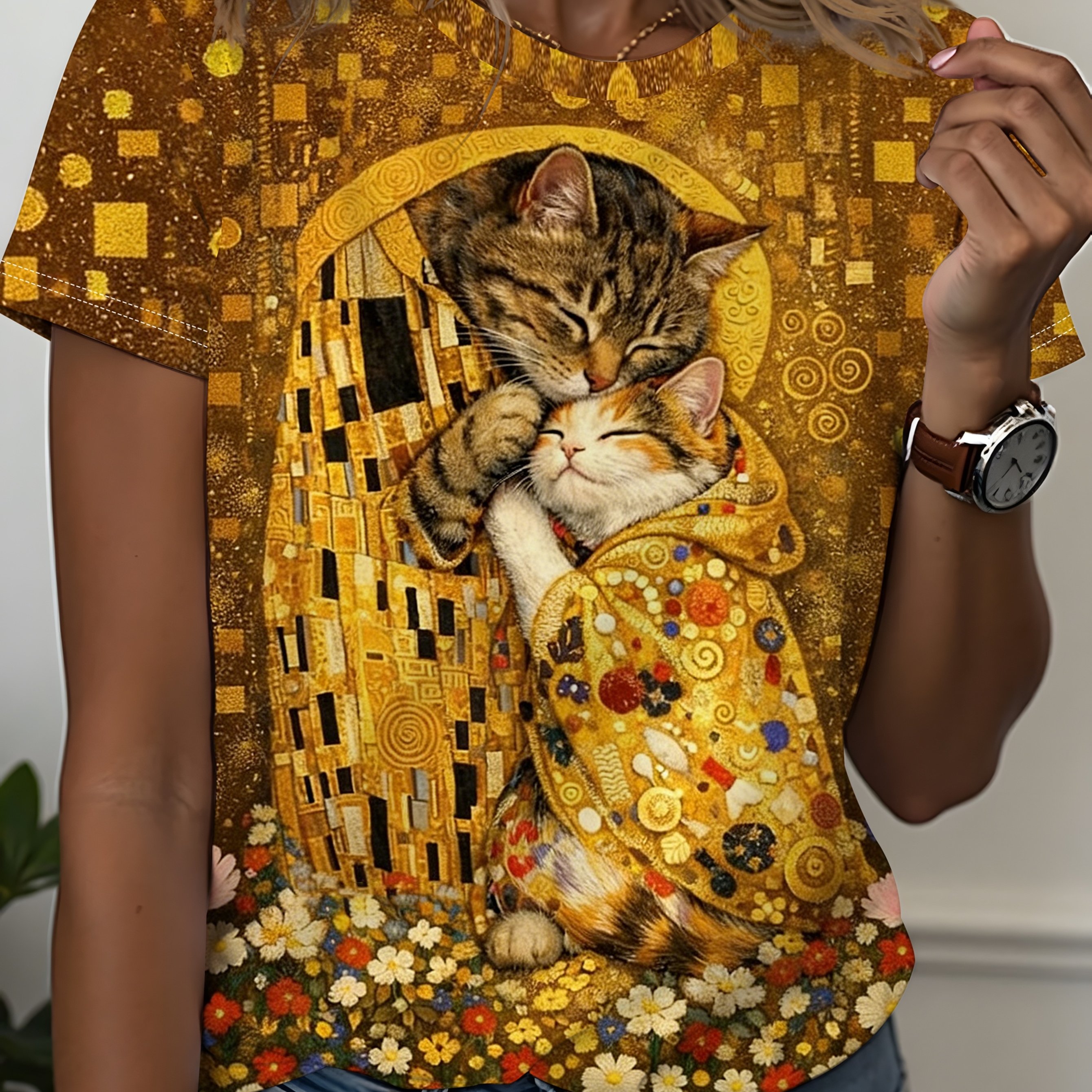 TEMU Women's Golden Short Sleeve T-shirt, Klimt Inspired Cat Print, Artistic Floral Graphic Tee, Soft Breathable Casual Summer Top