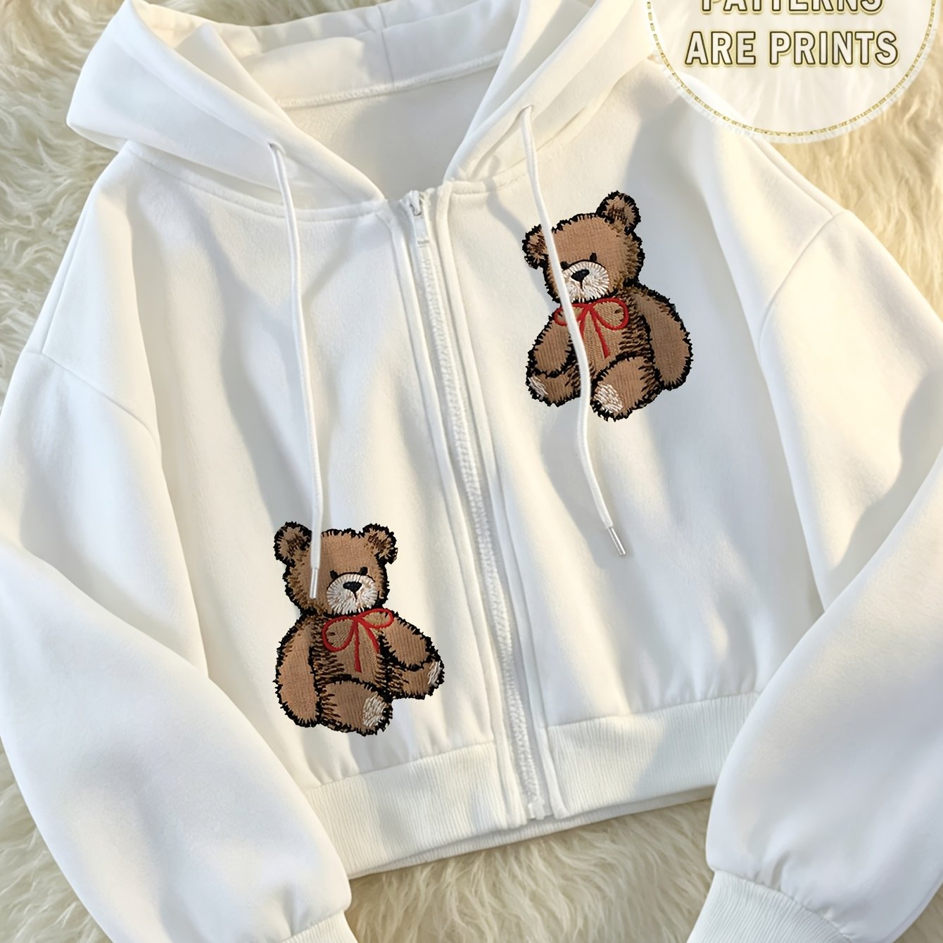 TEMU Early Autumn New Arrival Short Hooded Sweatshirt, " Embroidered Bow Bear" Creative Print, Sexy Hot Versatile Loose Fit Zip-up Jacket, Short