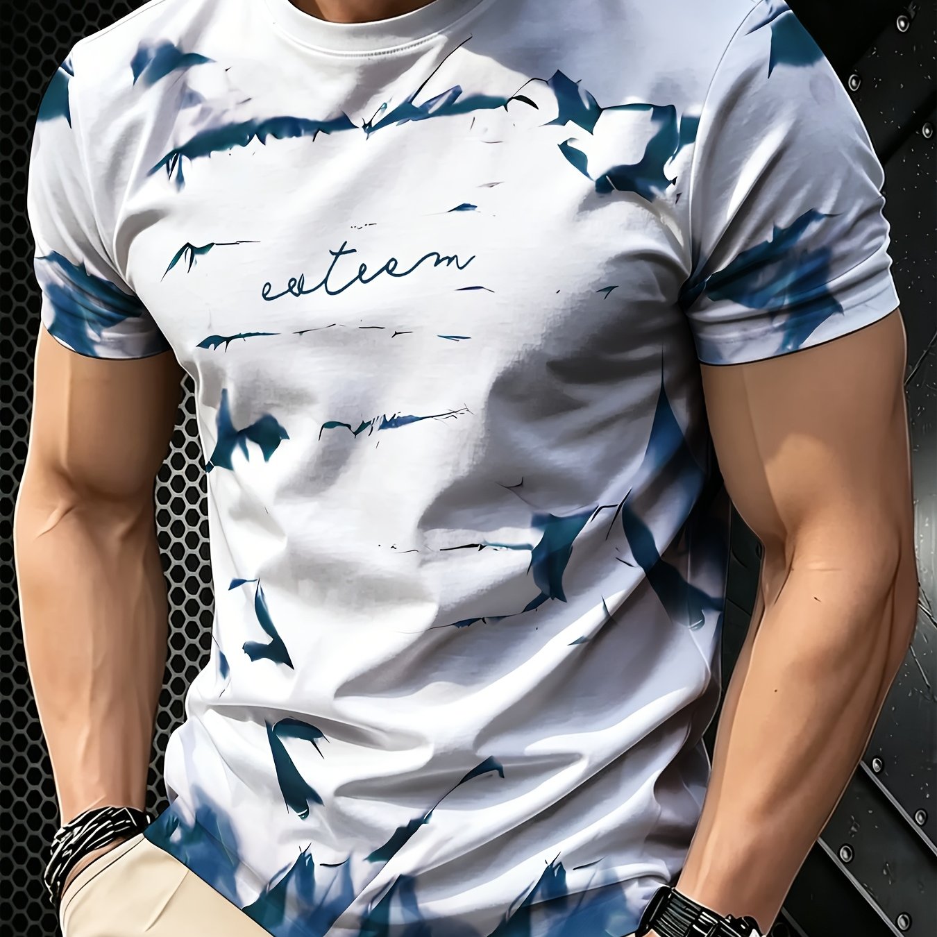TEMU Camiseta casual de manga corta para hombre - Diseño de de manchas de tinta degradada y pájaros, talla grande