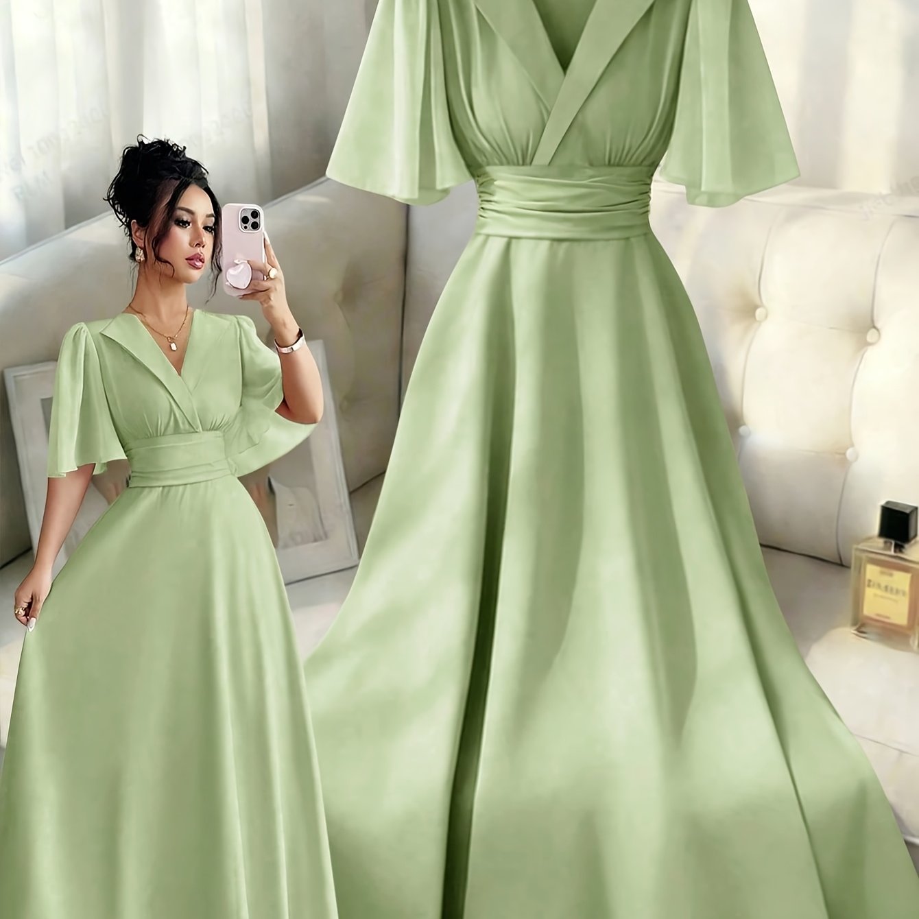 TEMU Robe unie pour femme, d'été fluide à col en V et coupe A, pour tenues décontractées à formelles, lavable en machine