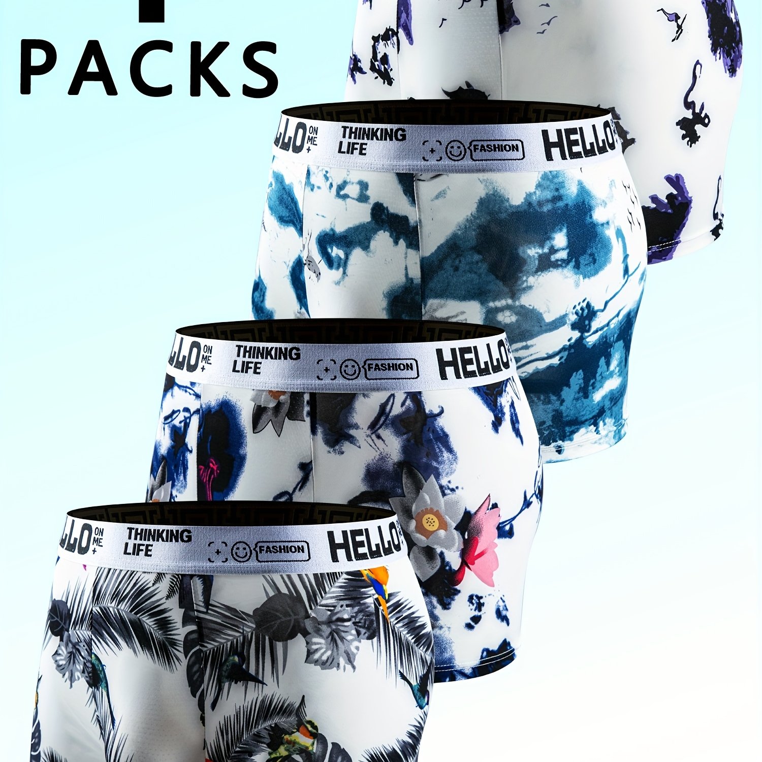 TEMU Men's Underwear Set With 4 Pieces, Featuring A Comfortable And A Floral Print, Casual Wear With Flat Corners