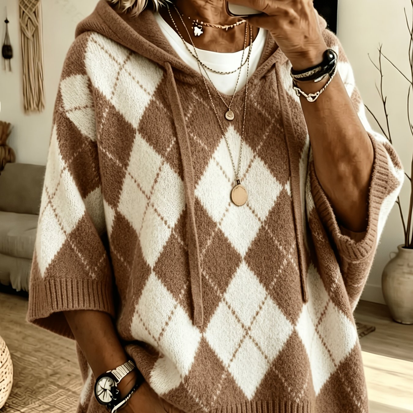 TEMU Code Women's Clothing High-end Elegant Retro Diamond Pattern Hooded Sweater Women