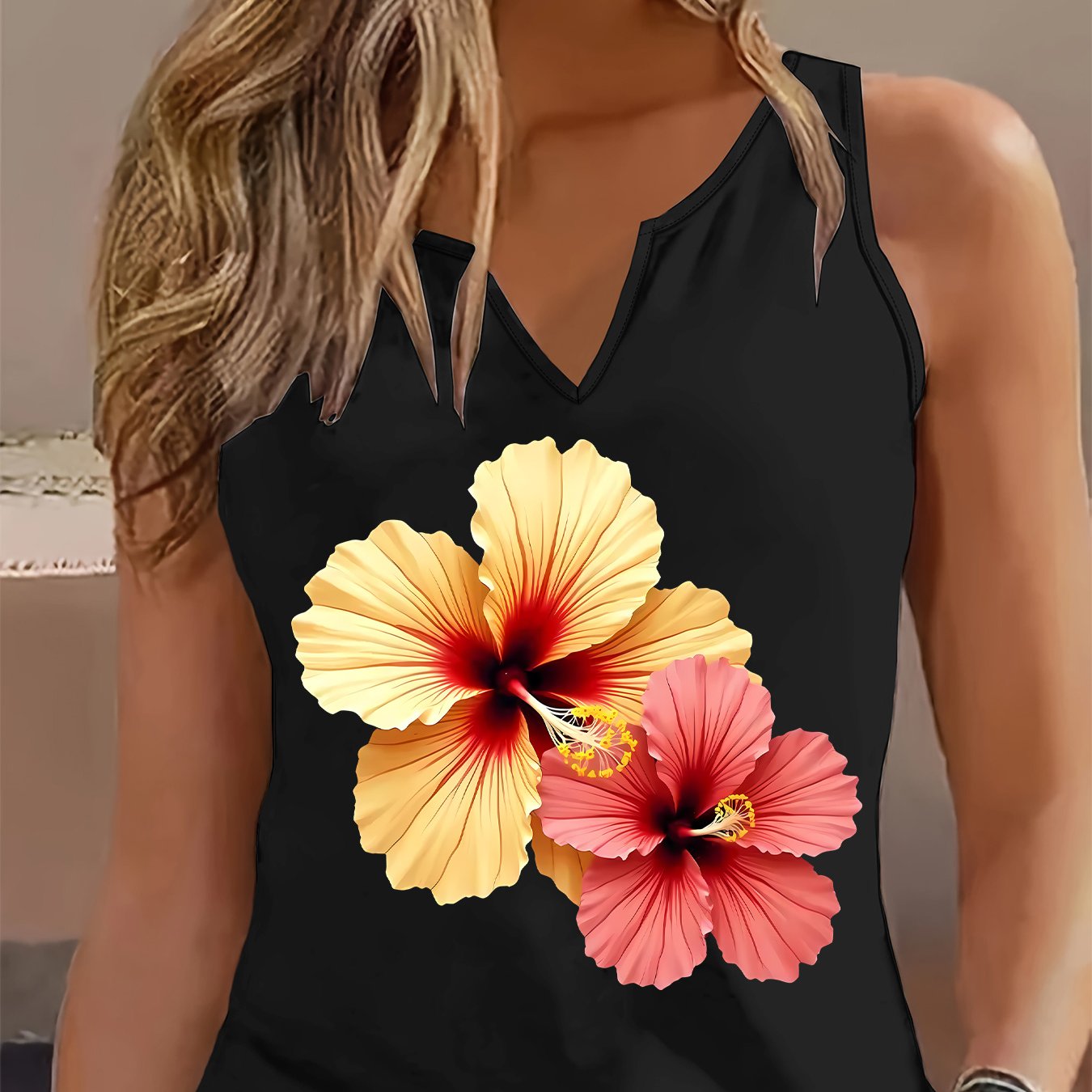 TEMU (052#) Women's Fashion Fresh Camisole, V-neck Sleeveless Printed Tank Top, Pattern, Breathable Comfortable All-match Summer Wear