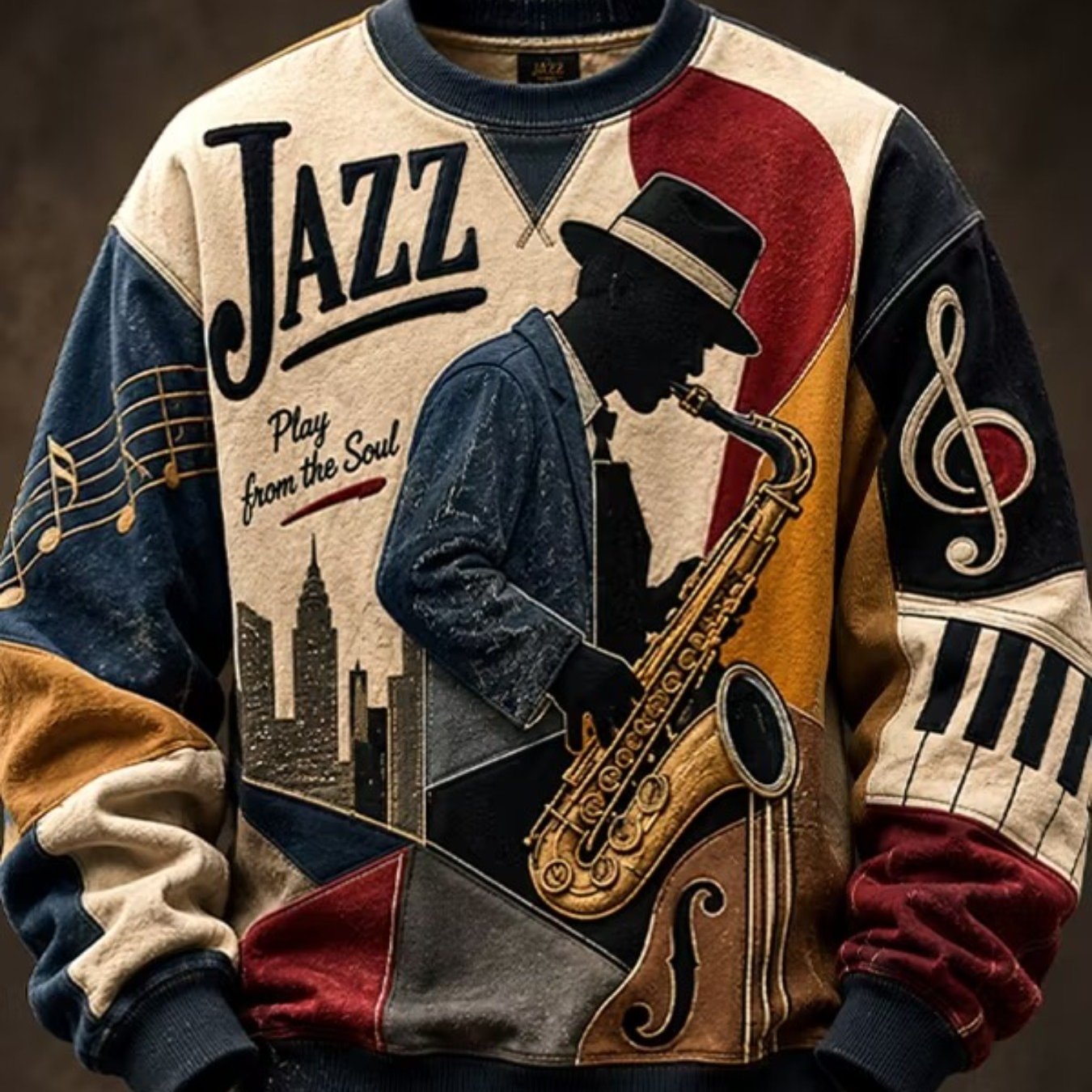 TEMU Men's Plus Size Crewneck Sweatshirt, Jazz Play From City Musical Note Piano Key Color Block Vintage Pullover Long Sleeve Streetwear Top For Men,