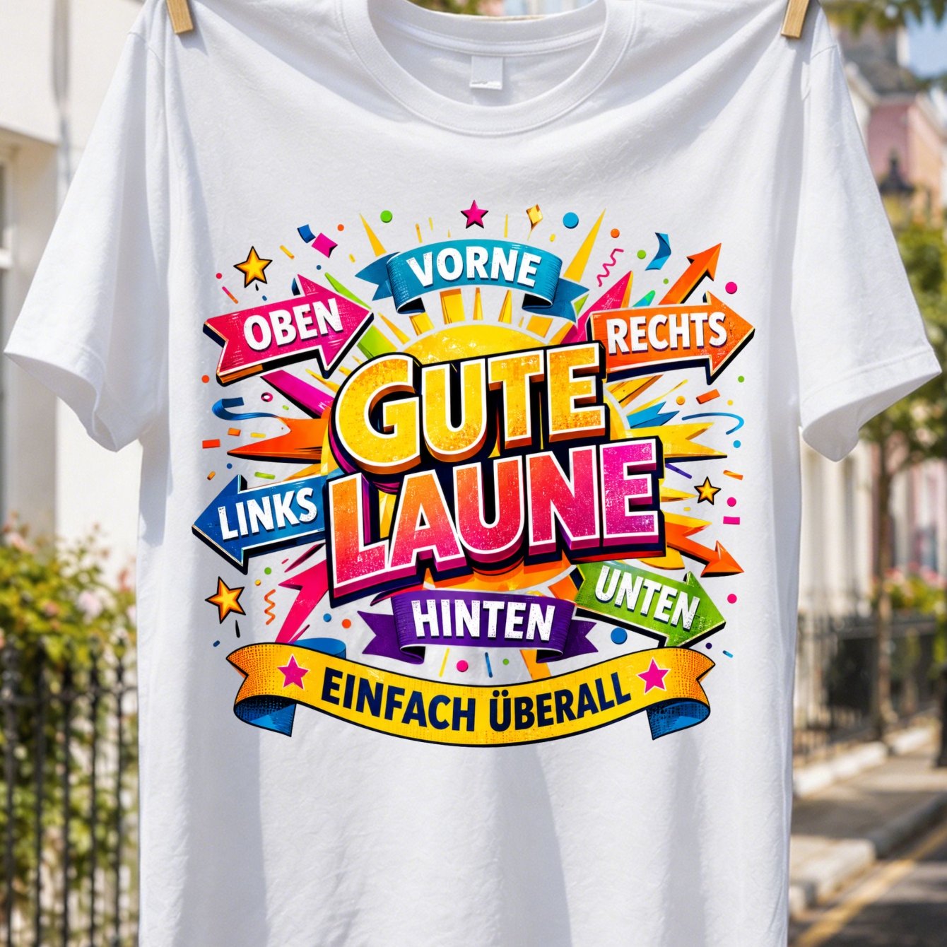 Plus Size T-shirt, Bright Arrows For Top, Front, Right, Left, Back, Bottom, With Stars And Carnival Comic Energy