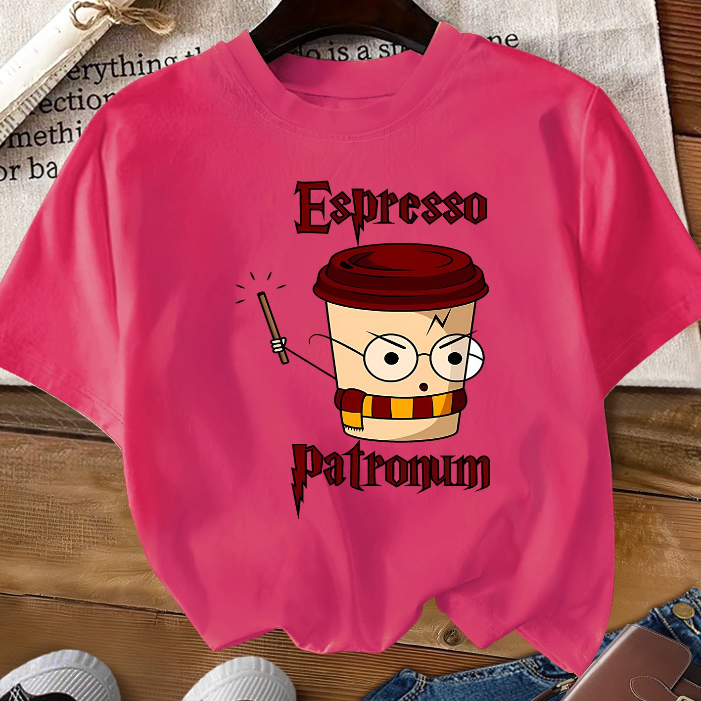 TEMU [warner] Women's Elegant Short-sleeve Harry Potter "coffee " Slogan Print Crew Neck T-shirt, Comfortable, Soft, Breathable, New Style,