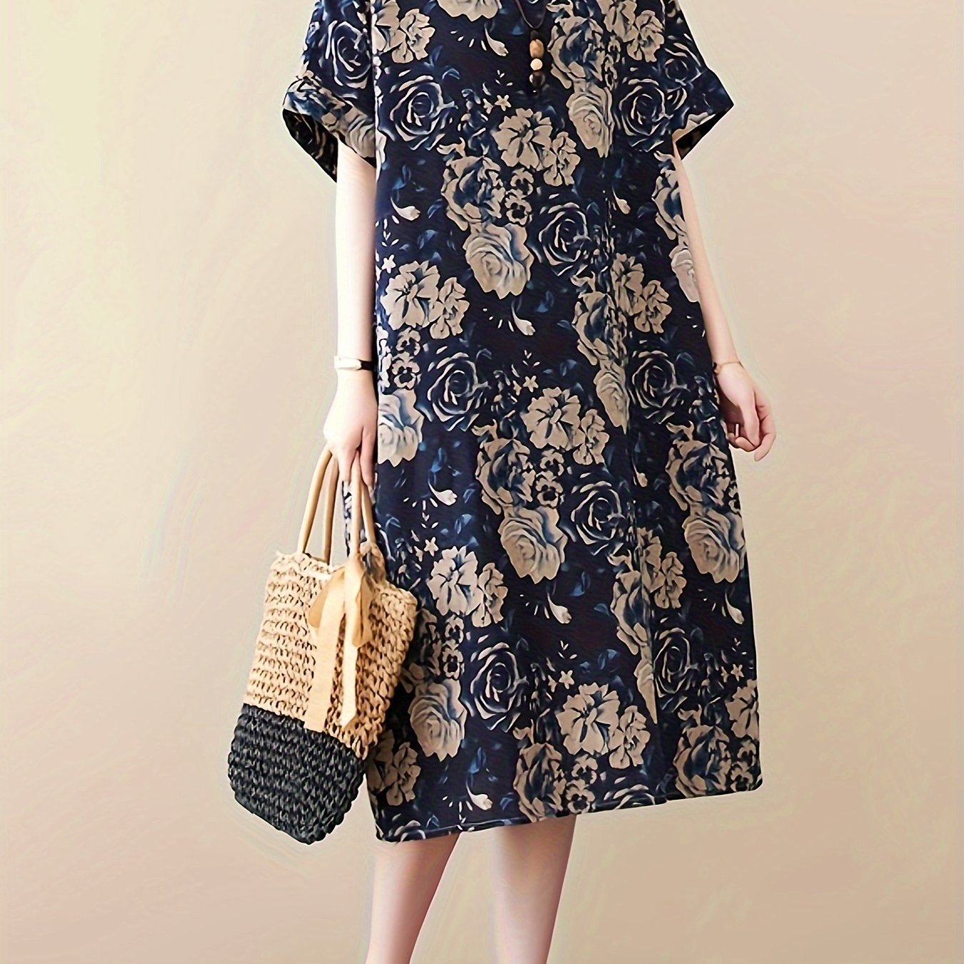 TEMU Bohemian Linen Print Beach Cover-up Dress Sunscreen Dress