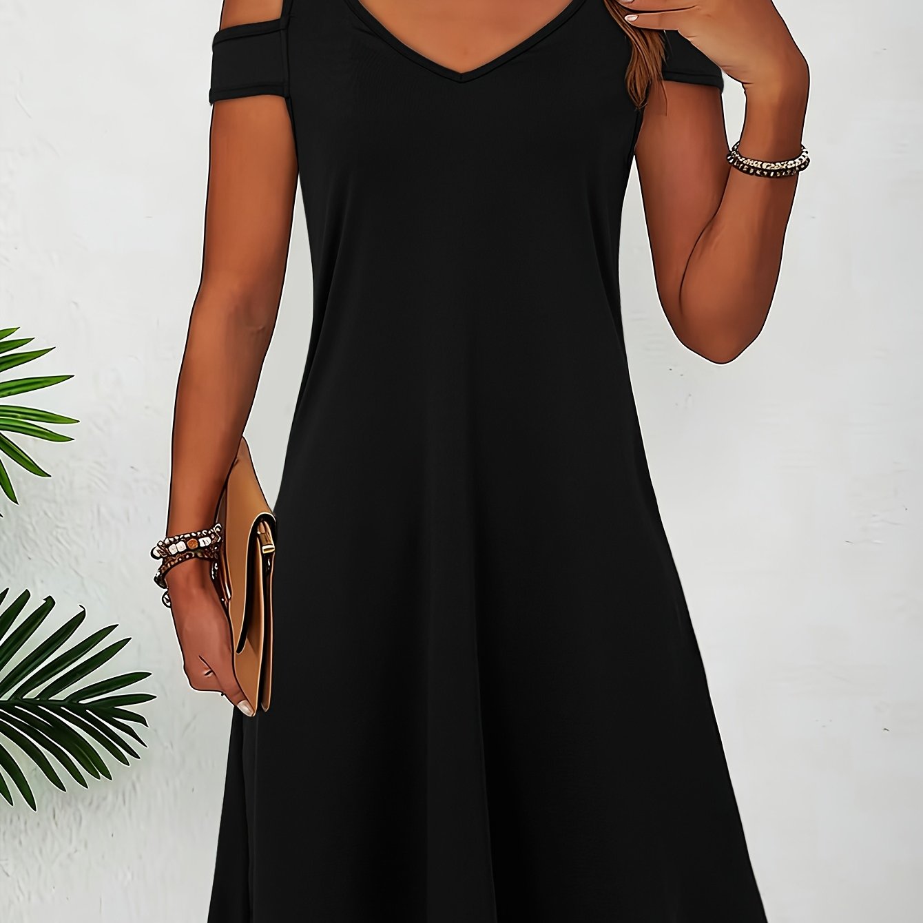 Image of Vacation-style V-neck Women's Short-sleeve Off-shoulder A-line Dress, Solid Black , Loose And Draping Fabric, Summer, Suitable For Seaside Strolls, Casual Daily Wear, And Island Vacation Outfits