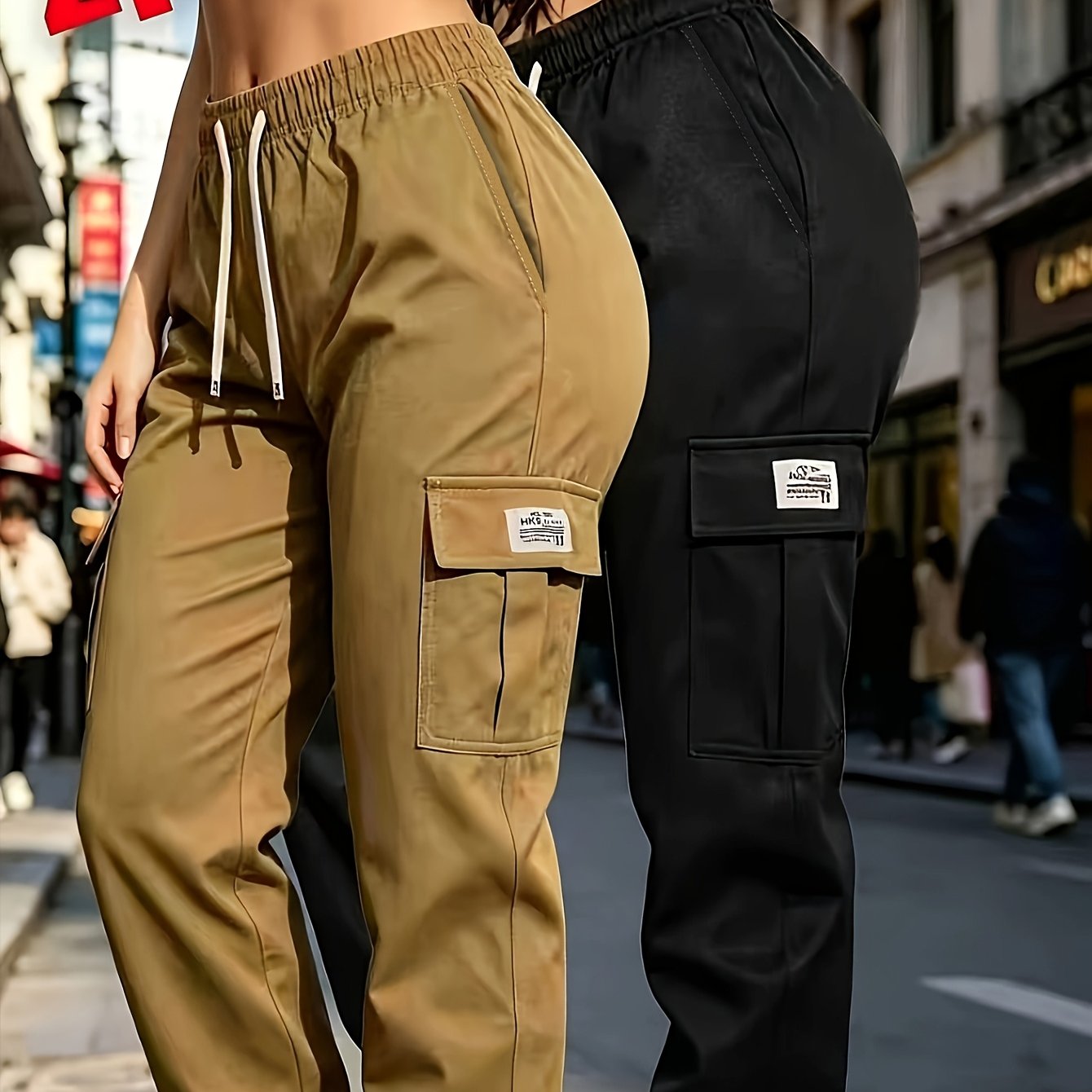 TEMU 2pcs Set Women's Outdoor Side Large Pocket Cargo Pants Spring Autumn Style Long Trousers, Drawstring Elastic Waist Ankle Pants, Suitable For