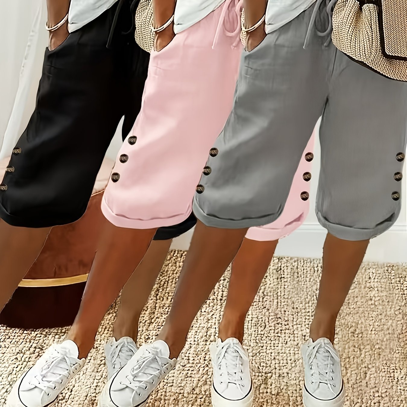 TEMU 3pcs Set Shorts, Summer New Women's Capri Pants, Drawstring Elastic Waist, Side Button Design, Loose Large Size Casual Mid-length Pants, Women's