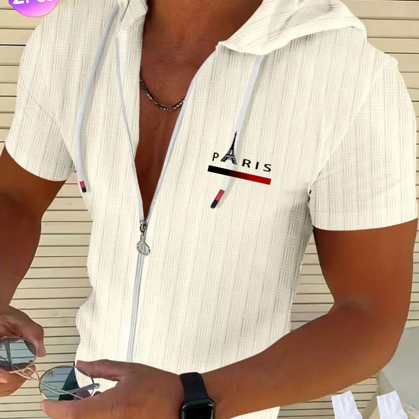 2pcs Summer Fashion Solid-color Checked Texture Men's Zipper Short-sleeved Hooded Casual Sports Beach Short-sleeved Hooded Shirt