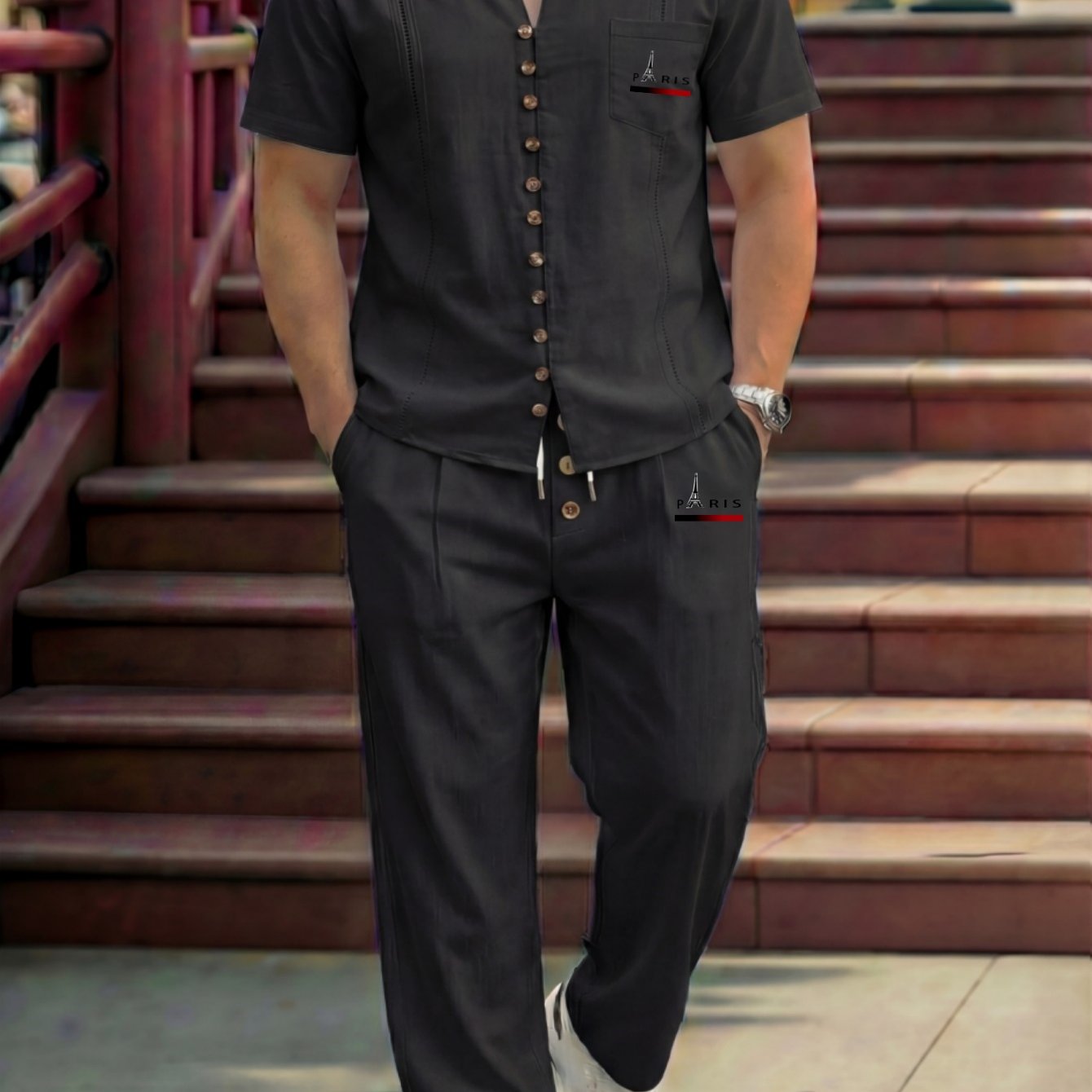 Summer Men's Fashionable Logo Casual Cuban--up Collar Lace Pocket Linen Short-sleeved Shirt With Pantsuit