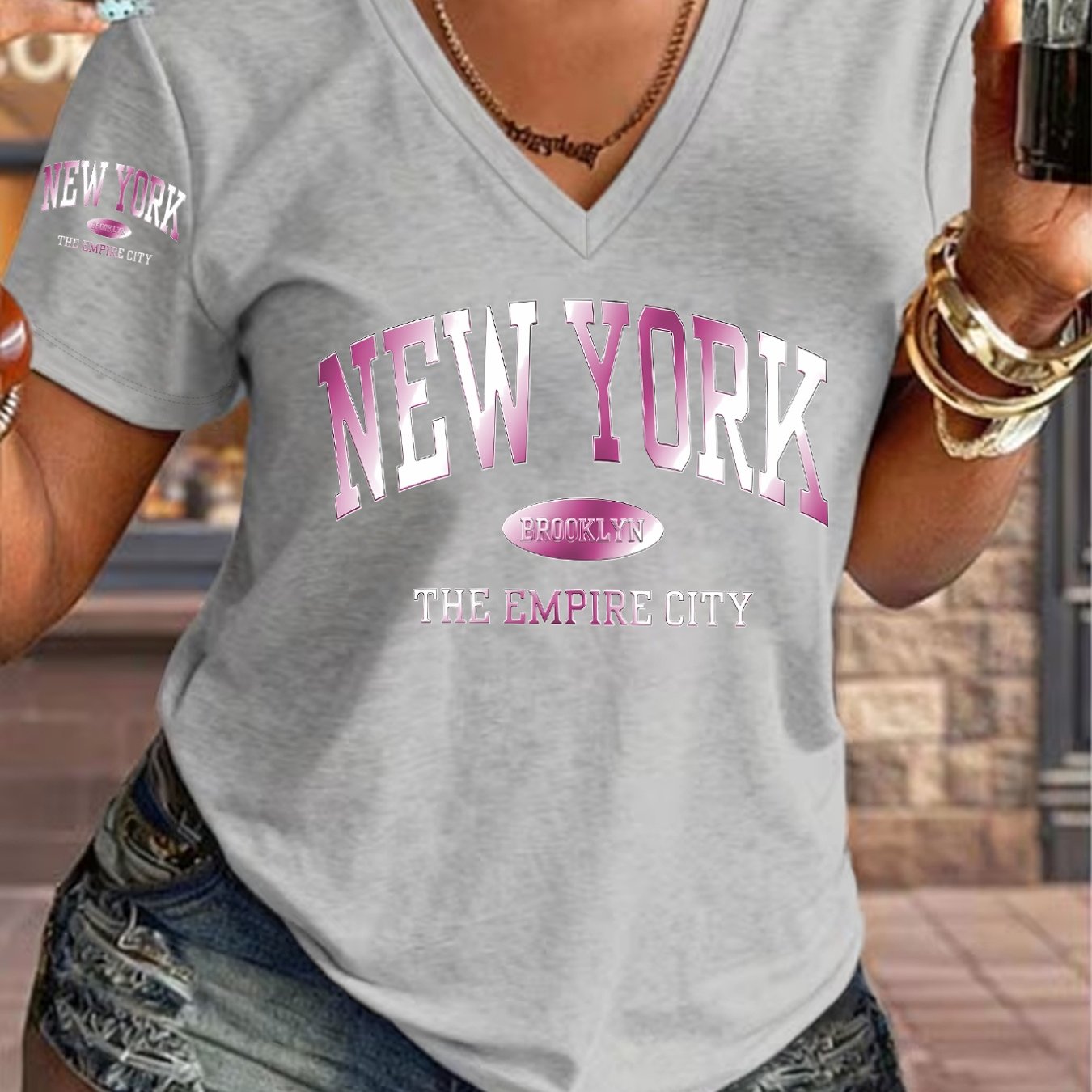 TEMU 1pc Style V-neck T-shirt Fashion Printed Design Casual All-match Style Summer New Y2k Style Women's Casual Athletic Wear Single Sleeve Printed