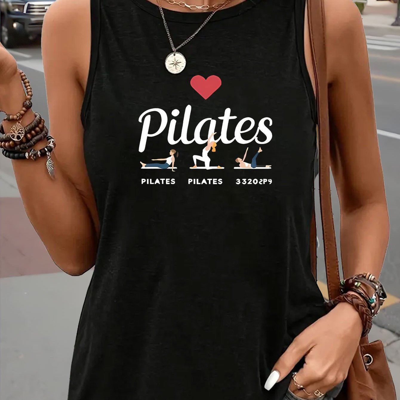 TEMU 1 pz | Eleganza Casual | Canotta da Donna Senza Maniche, Motivo Stampato "Love Pilates", Un Must-Have per le Appassionate di Pilates, Tessuto