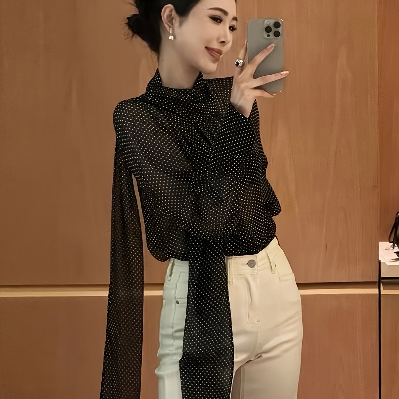 E-shop Damen-Chiffonbluse im französischen Stil mit Träger-Ausschnitt, Schleife Polka-Dots, leichtes, locker geschnittenes Shirt für Frühling/Herbst,